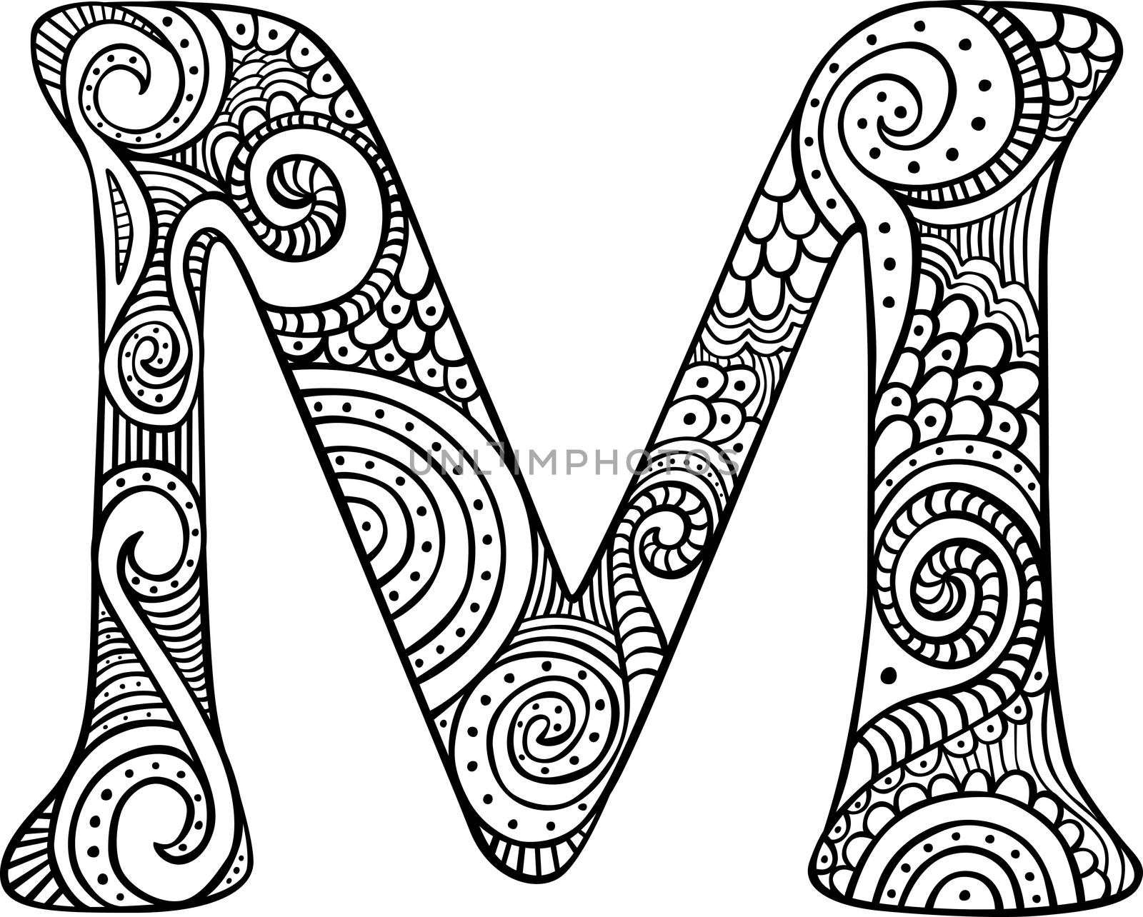 Hand drawn capital letter M in black - coloring sheet for adults