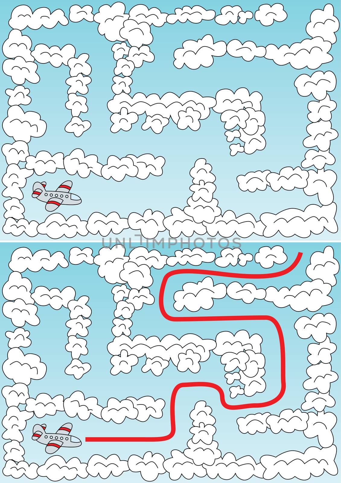 Easy airplane maze for younger kids with a solution