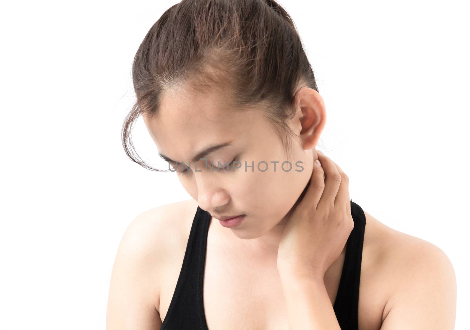 Closeup woman neck ache with white background