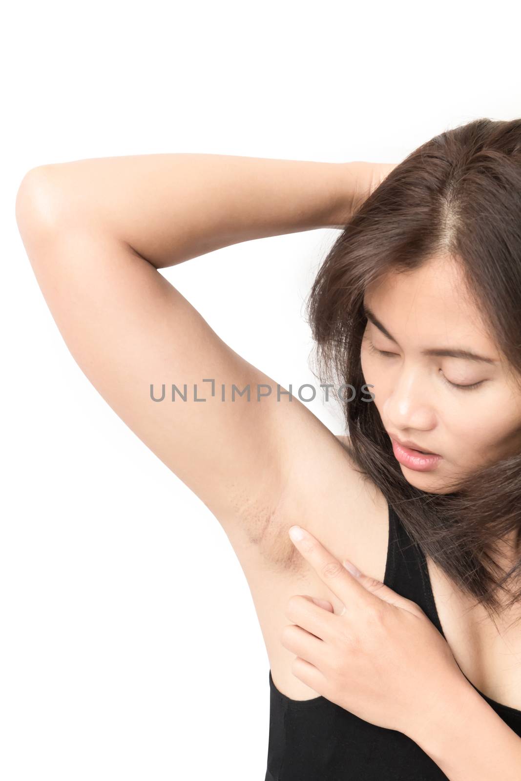 Women problem black armpit on white background for skin care and beauty concept