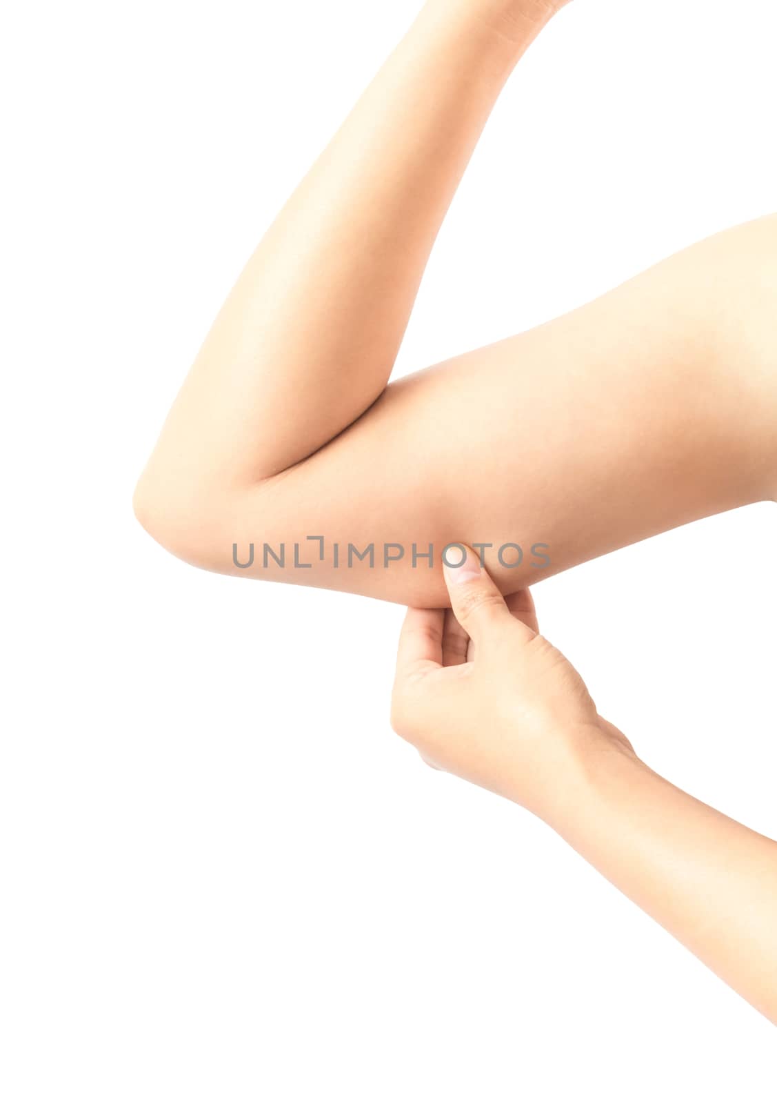 Woman hand checking her upper arm with white background