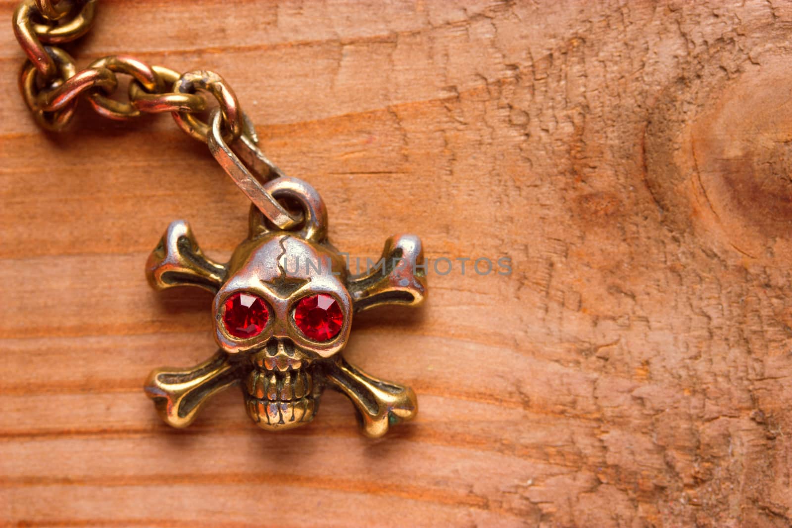 close up of metal skull with red eyes. pirate concept