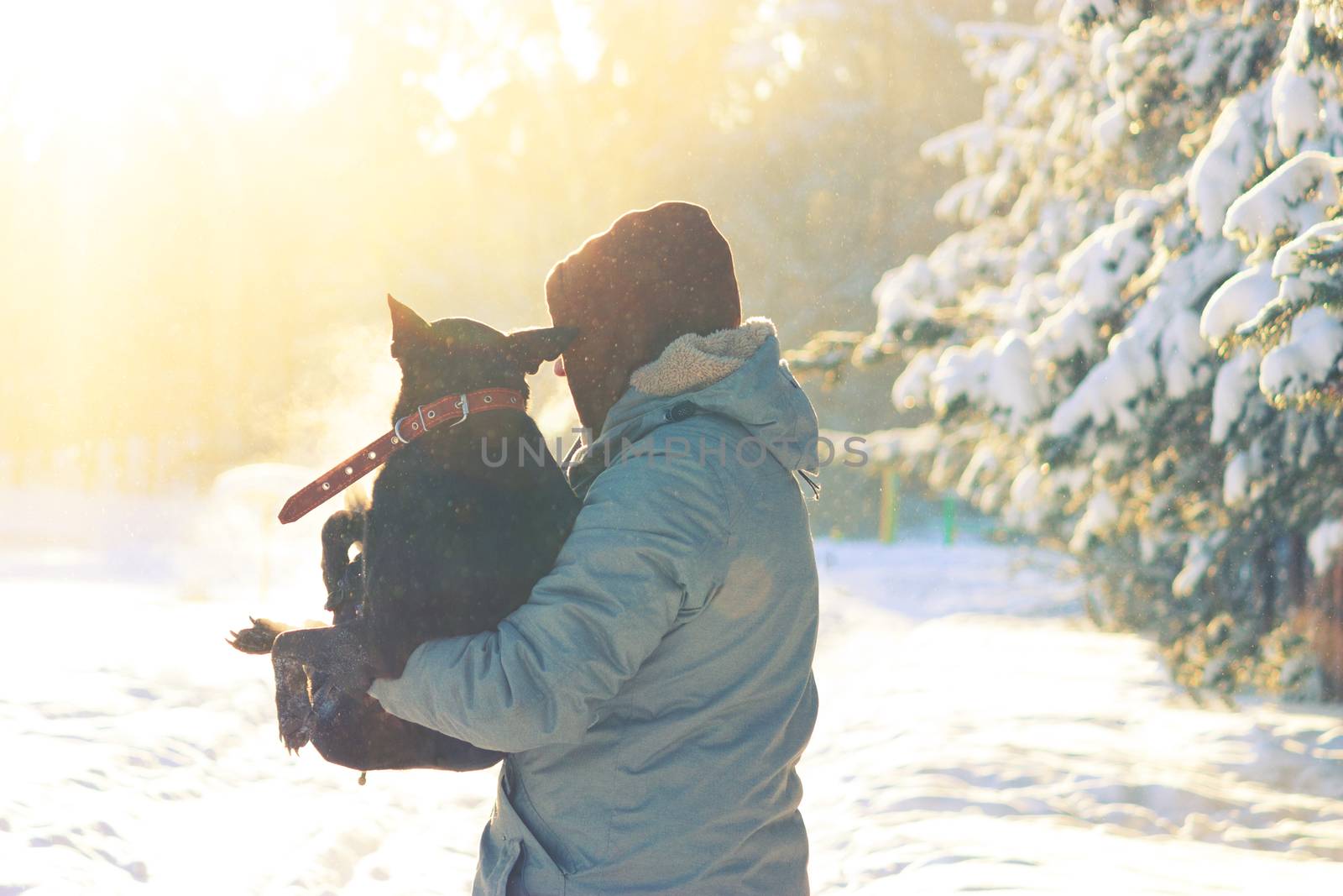 man take dog on his arm, because the dog is ill. winter