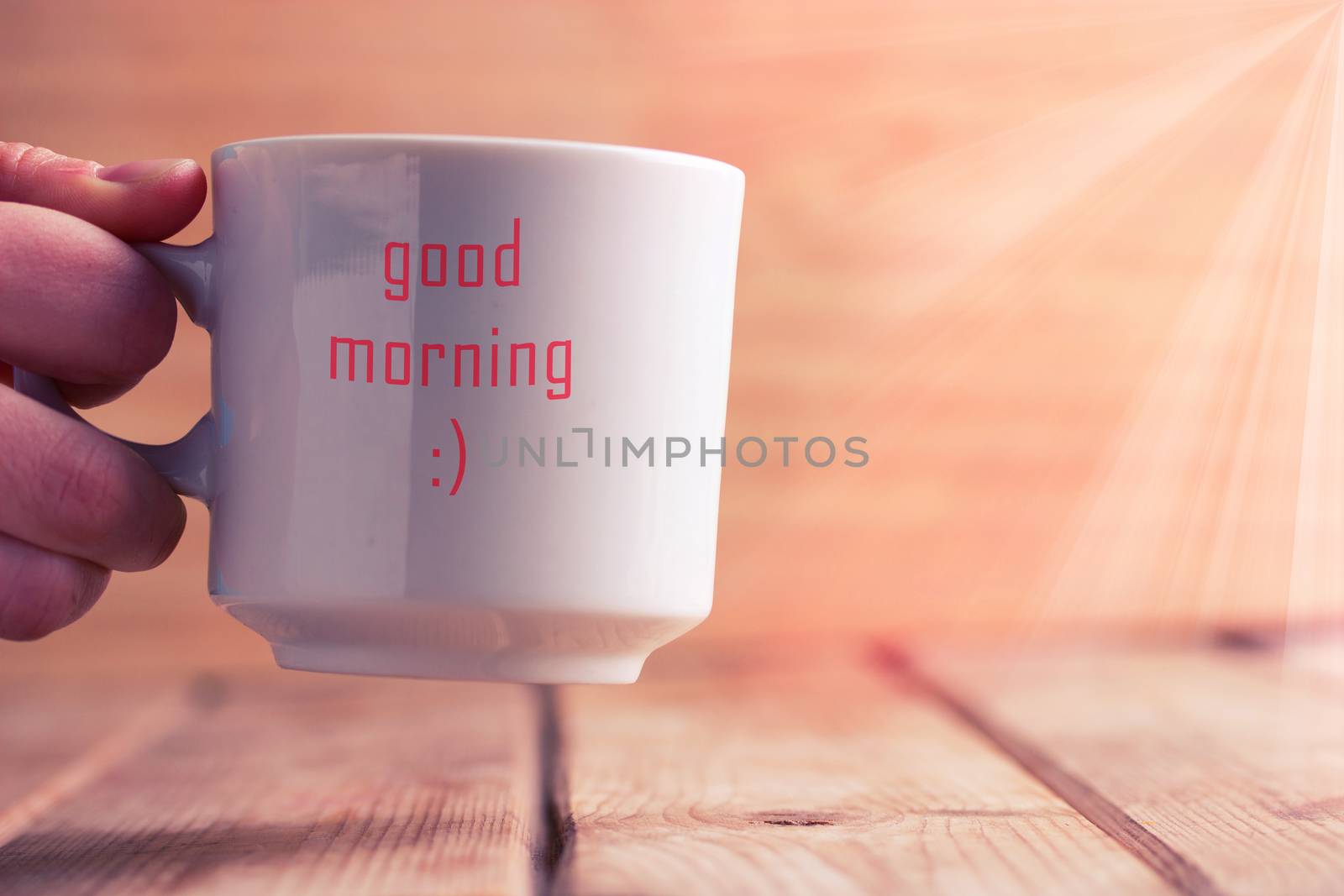 White cup on blue wooden table. by liwei12