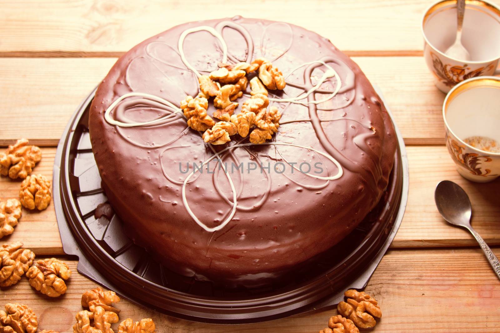 big chocolate cake. hight ungle. copy space
