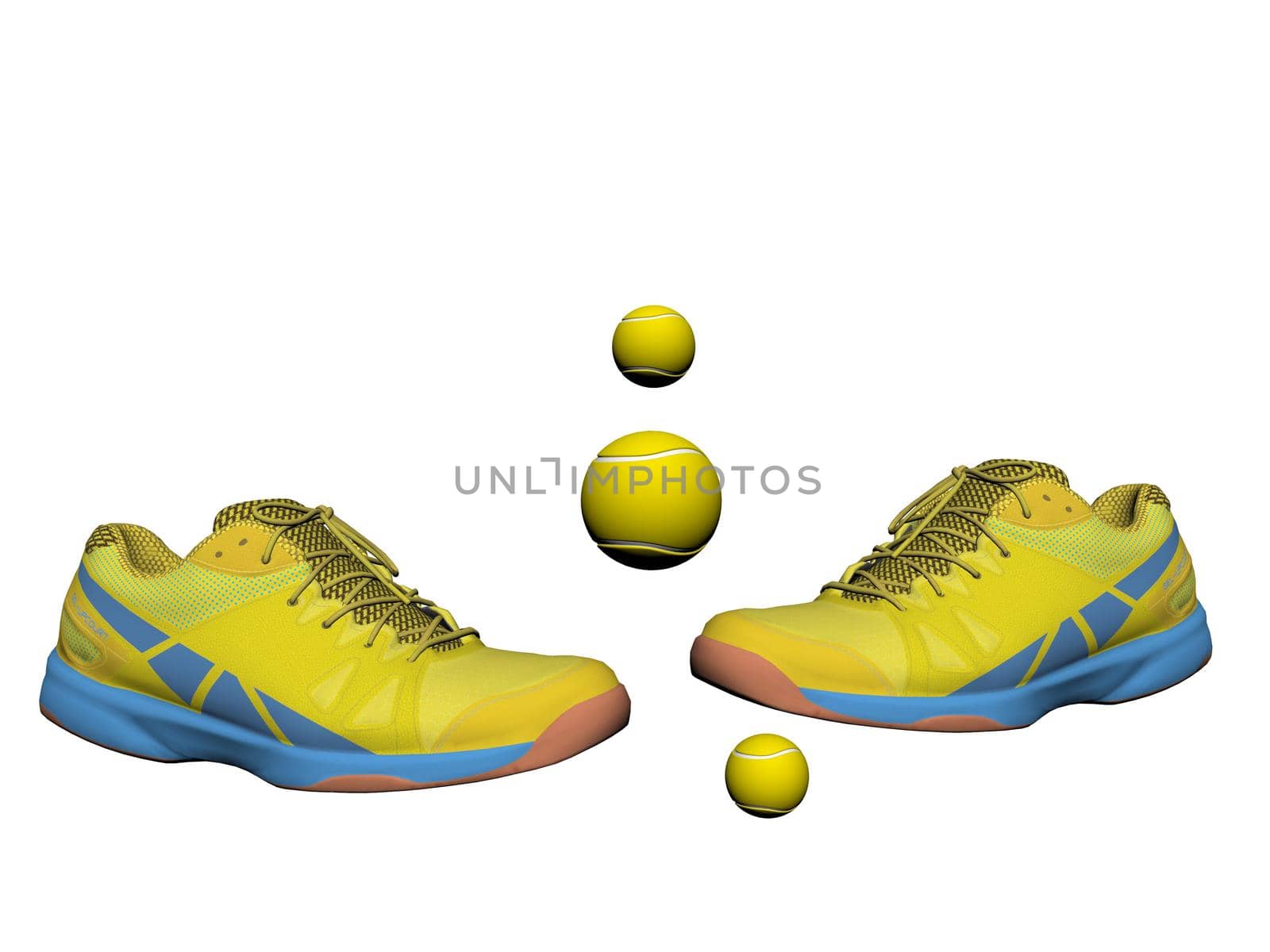 Sport shoes and balls in white background - 3d rendering by mariephotos