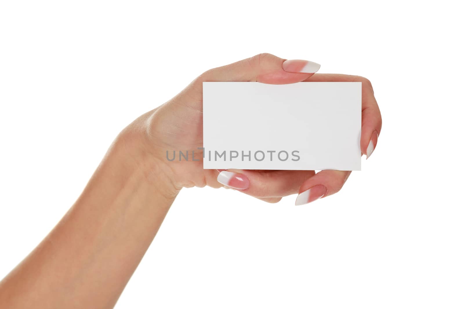 Woman's hand holding a business card isolated on white backgroun by Nobilior