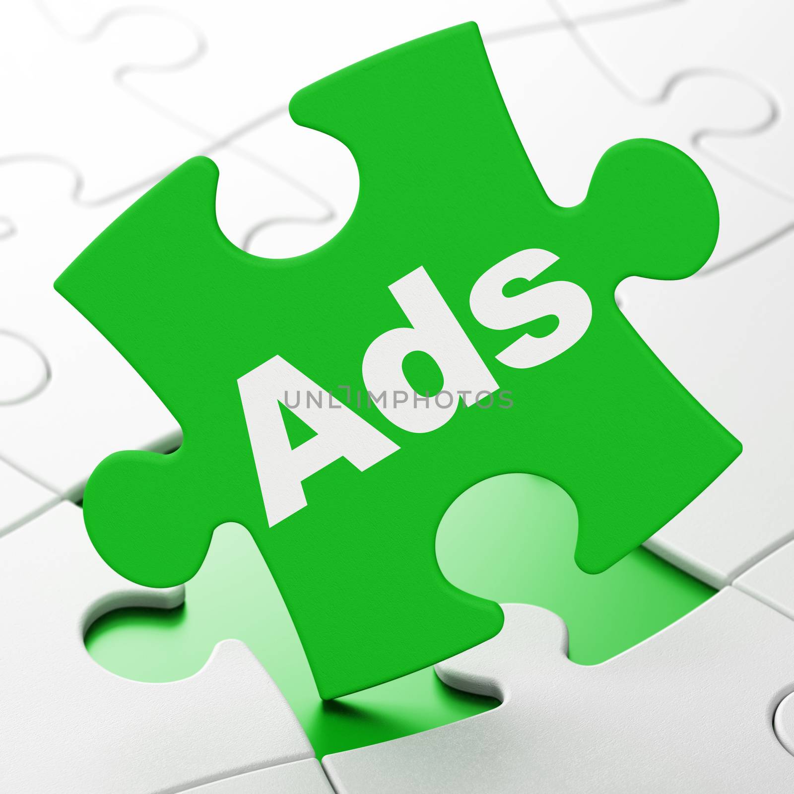 Marketing concept: Ads on Green puzzle pieces background, 3D rendering