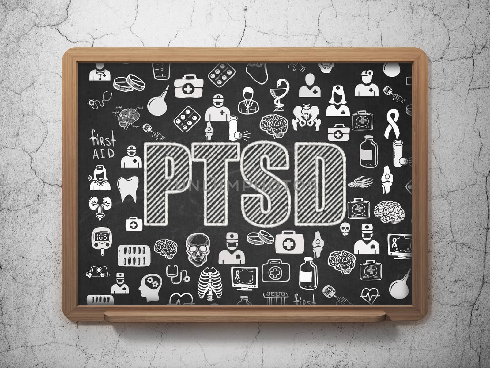 Medicine concept: Chalk White text PTSD on School board background with  Hand Drawn Medicine Icons, 3D Rendering