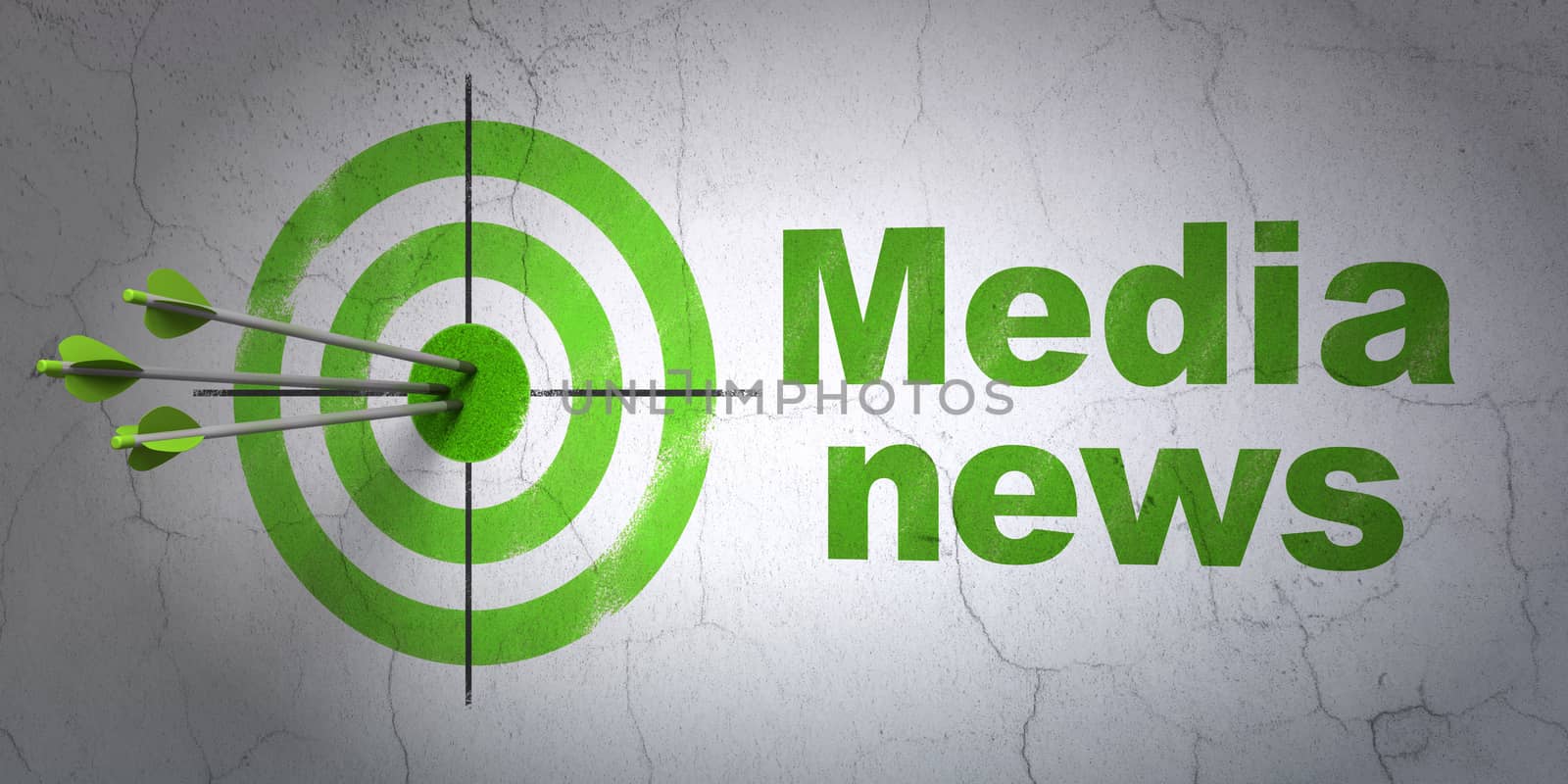 Success news concept: arrows hitting the center of target, Green Media News on wall background, 3D rendering