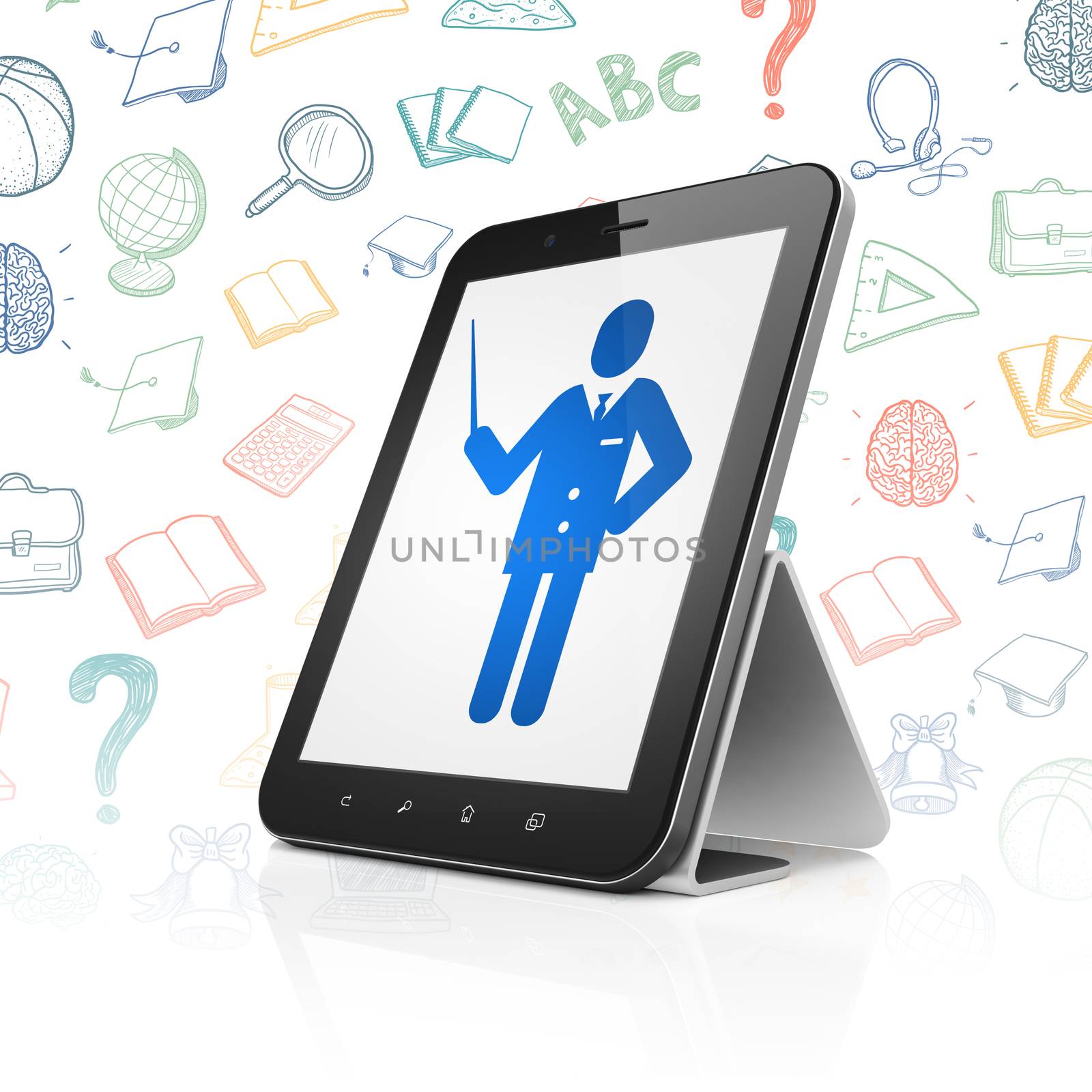 Studying concept: Tablet Computer with  blue Teacher icon on display,  Hand Drawn Education Icons background, 3D rendering