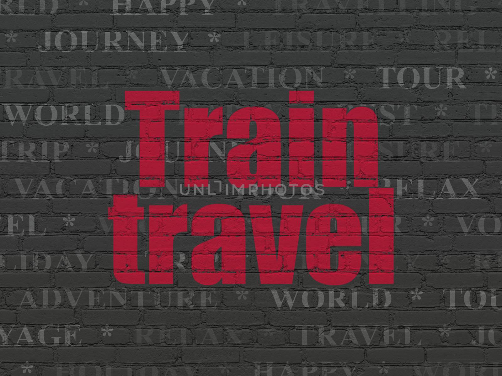 Tourism concept: Painted red text Train Travel on Black Brick wall background with  Tag Cloud