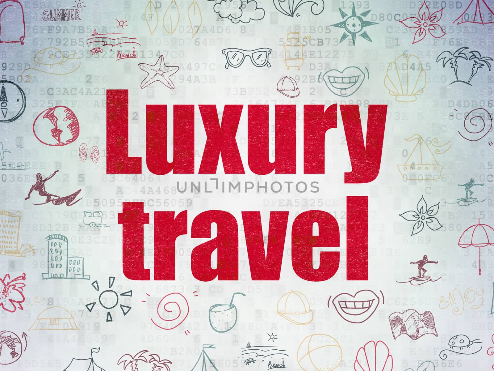 Vacation concept: Painted red text Luxury Travel on Digital Data Paper background with   Hand Drawn Vacation Icons