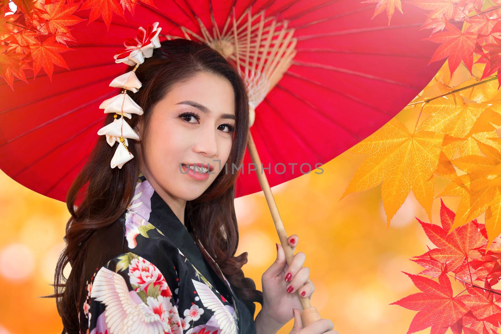 Asian woman wearing kimono in autumn. by gutarphotoghaphy