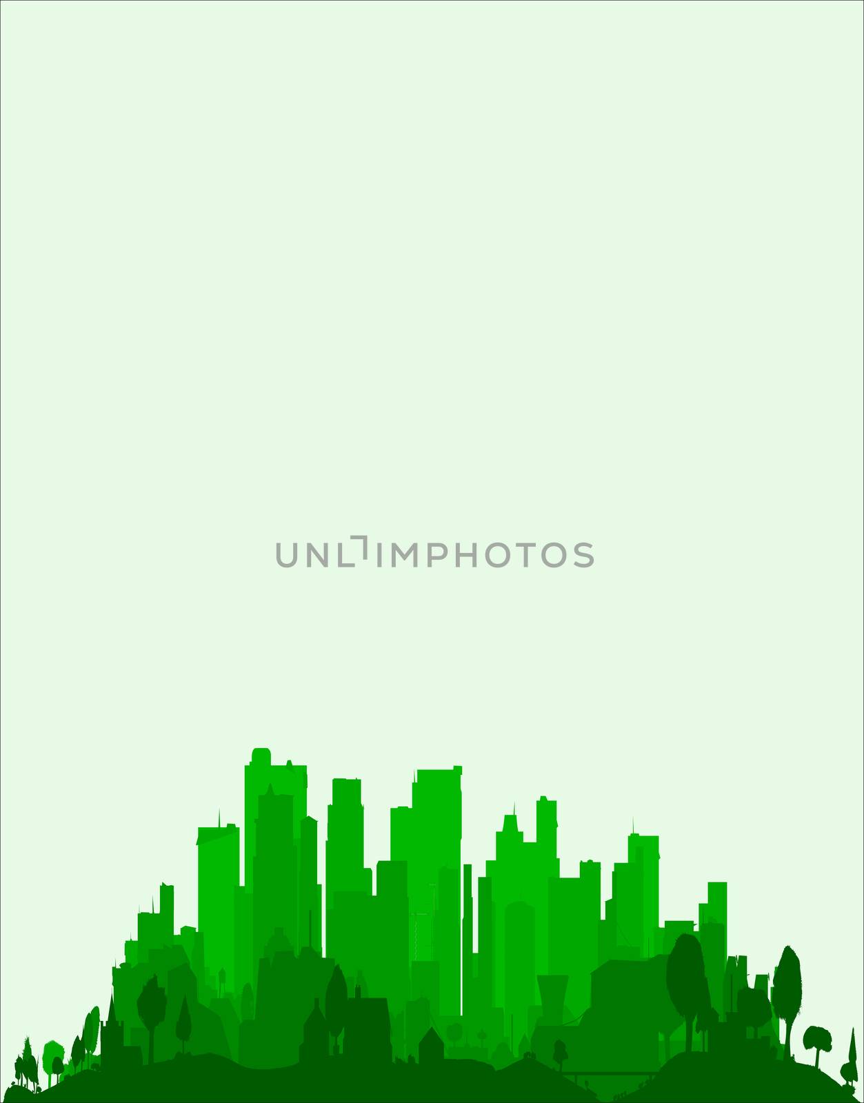 The very edge of a city, trees and buildings in emerald green as a background