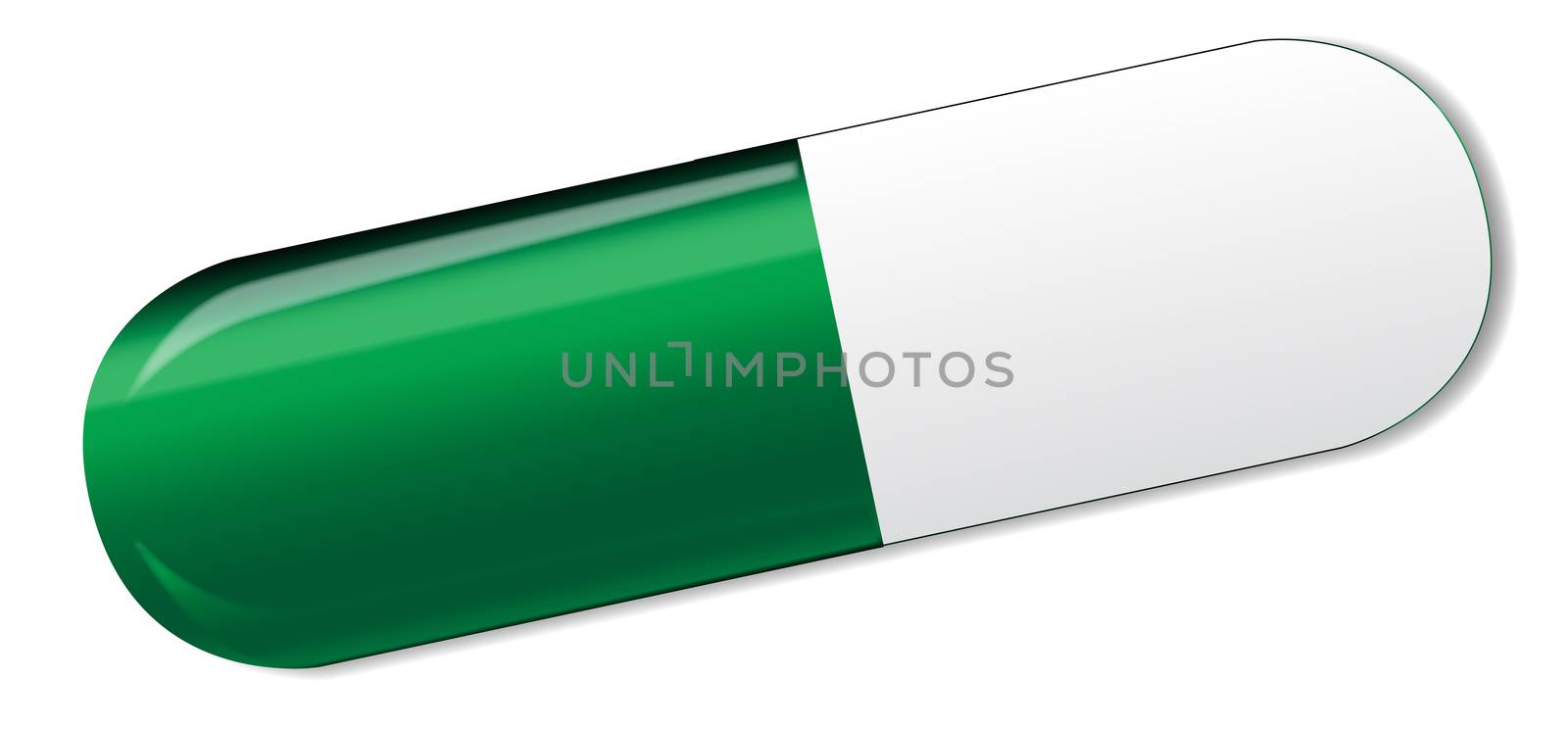 A green and white medicine capsule isolated on a white background.