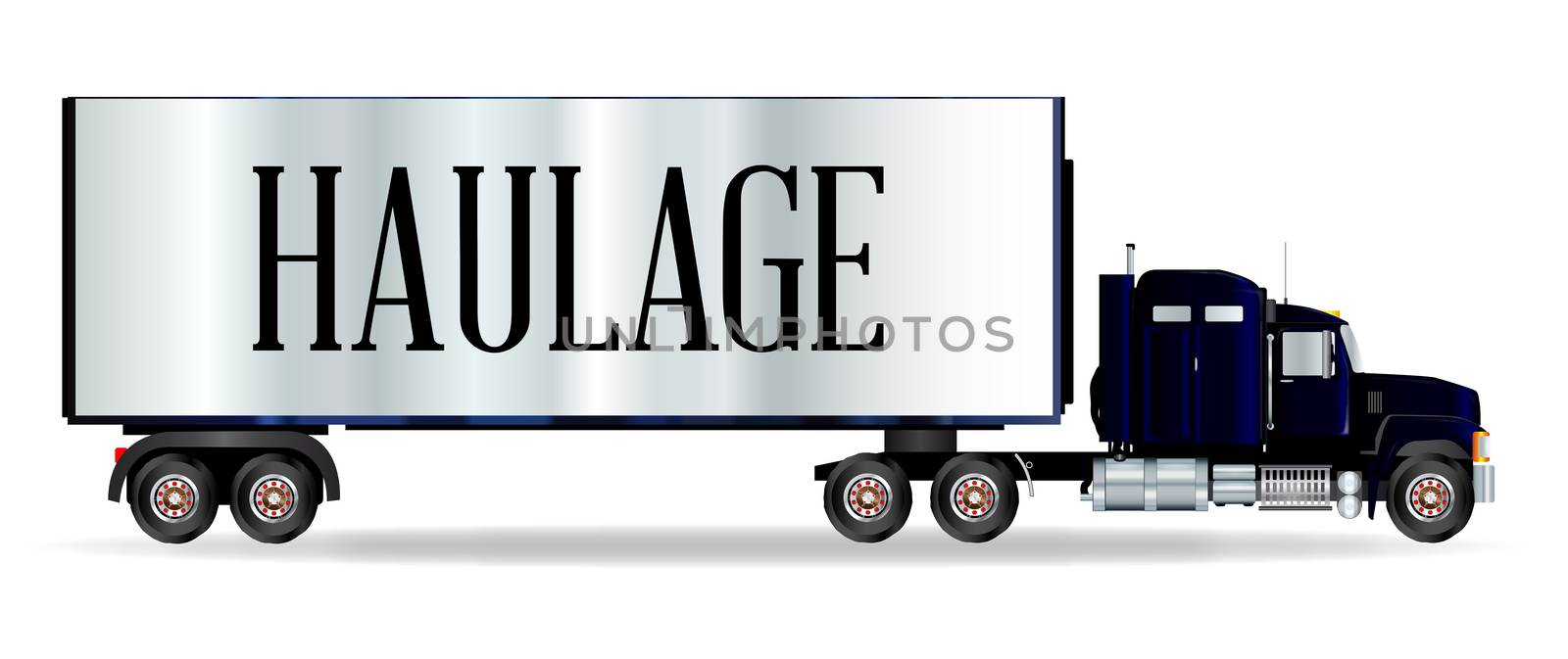 The front end of a large lorry over a white background with Haulage inscription