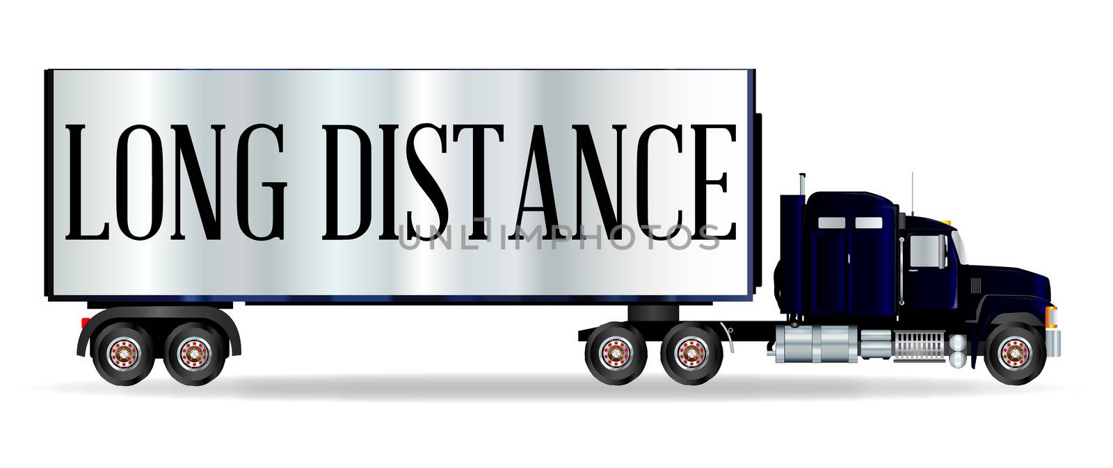 The front end of a large lorry over a white background with Long Distance inscription