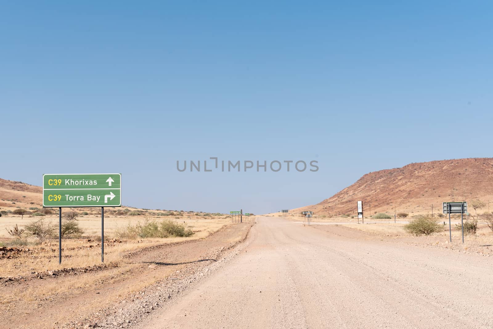 The C43-road changes into the C39-road at the turn-off to Torra Bay, in the Kunene Region of Namibia