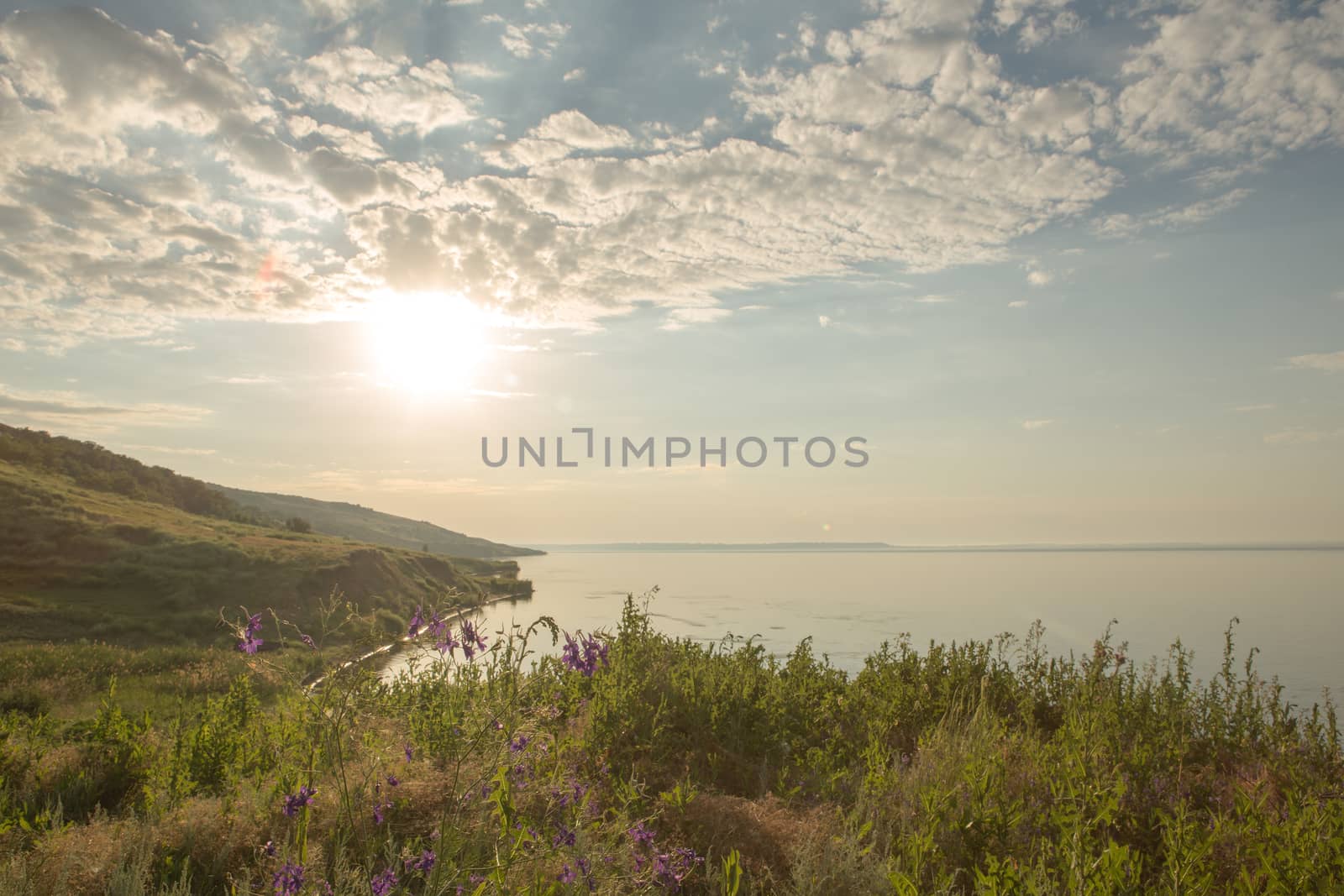 Big river, landscape, green meadow. the cliff and the sky