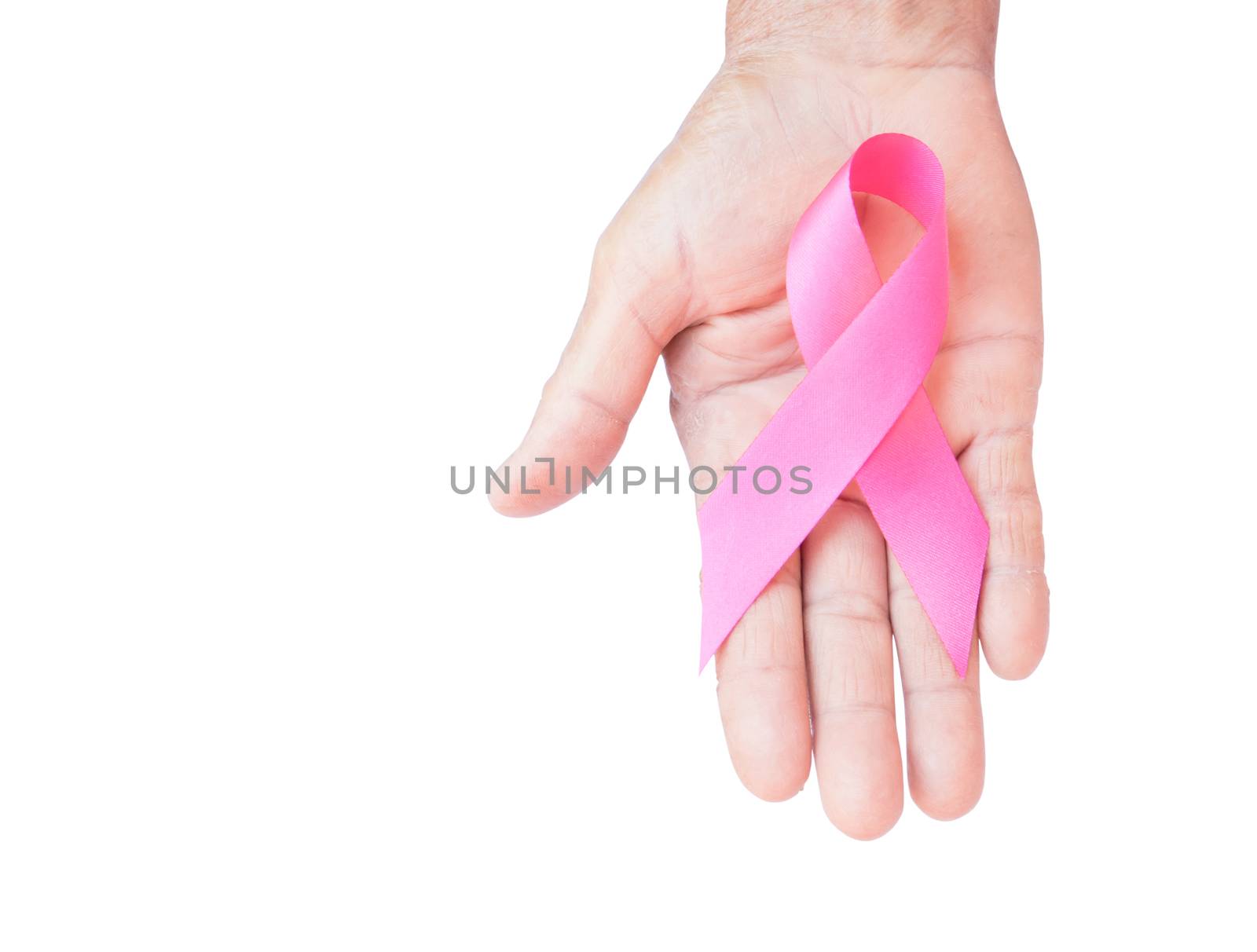 Closeup Old woman hand holding pink ribbon on white background ,Awareness breast cancer concept