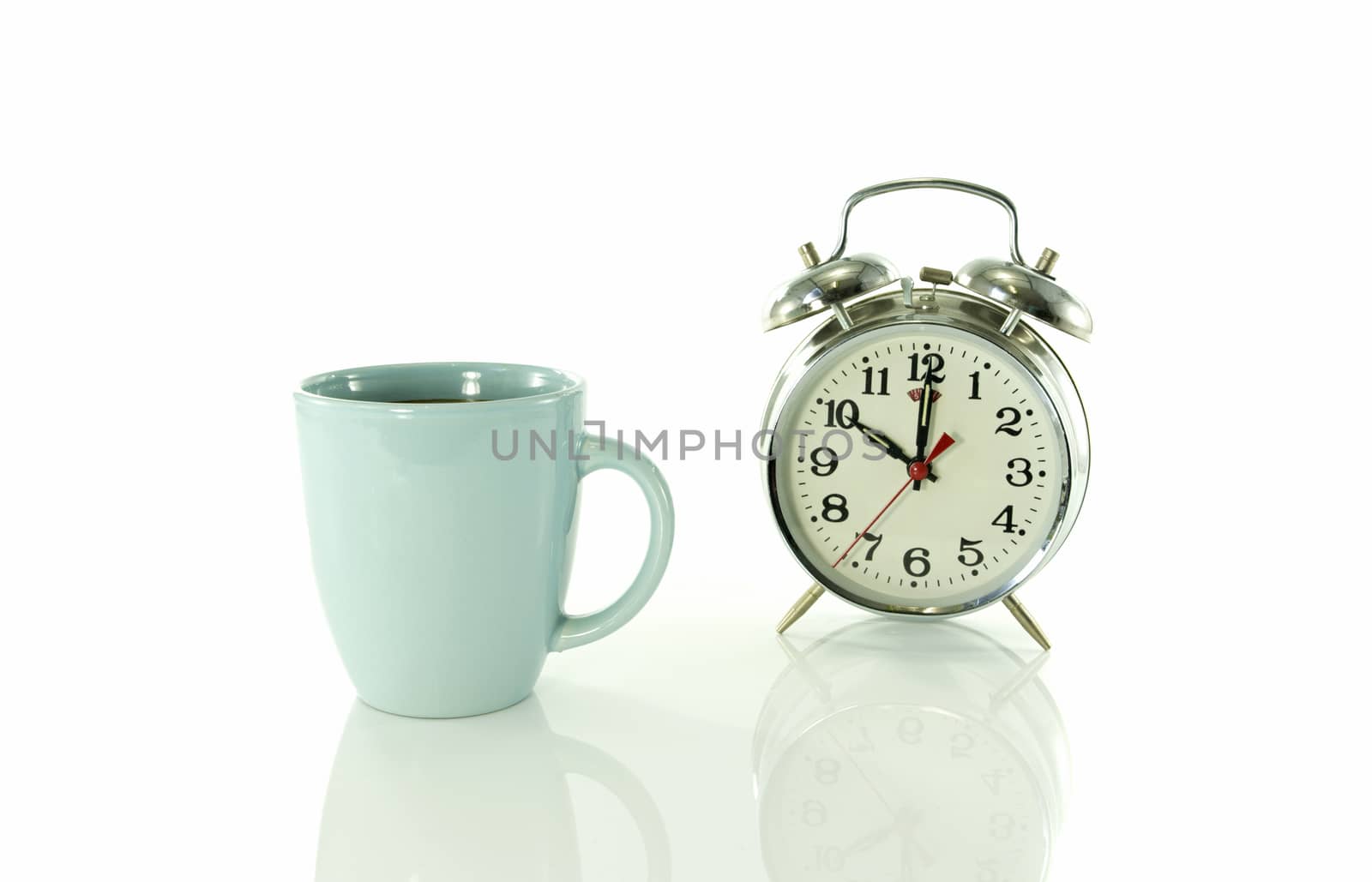 time for a coffee break during work with blue coffee cup and metal clock at ten o clock with bells isolated on white