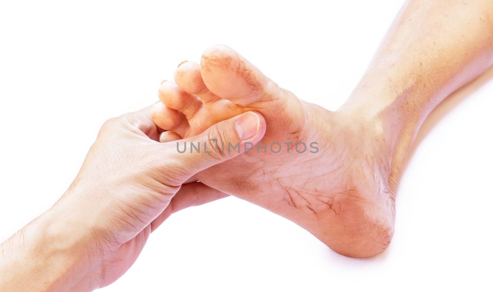 Hand holding feet old women, take care feeling with white background