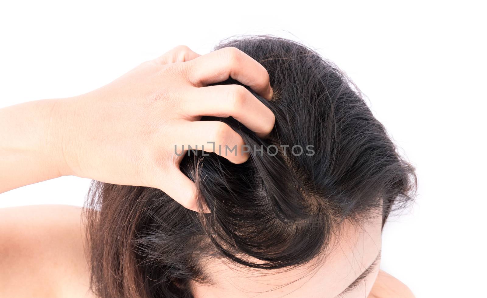 Closeup woman hand itchy scalp, Hair care concept