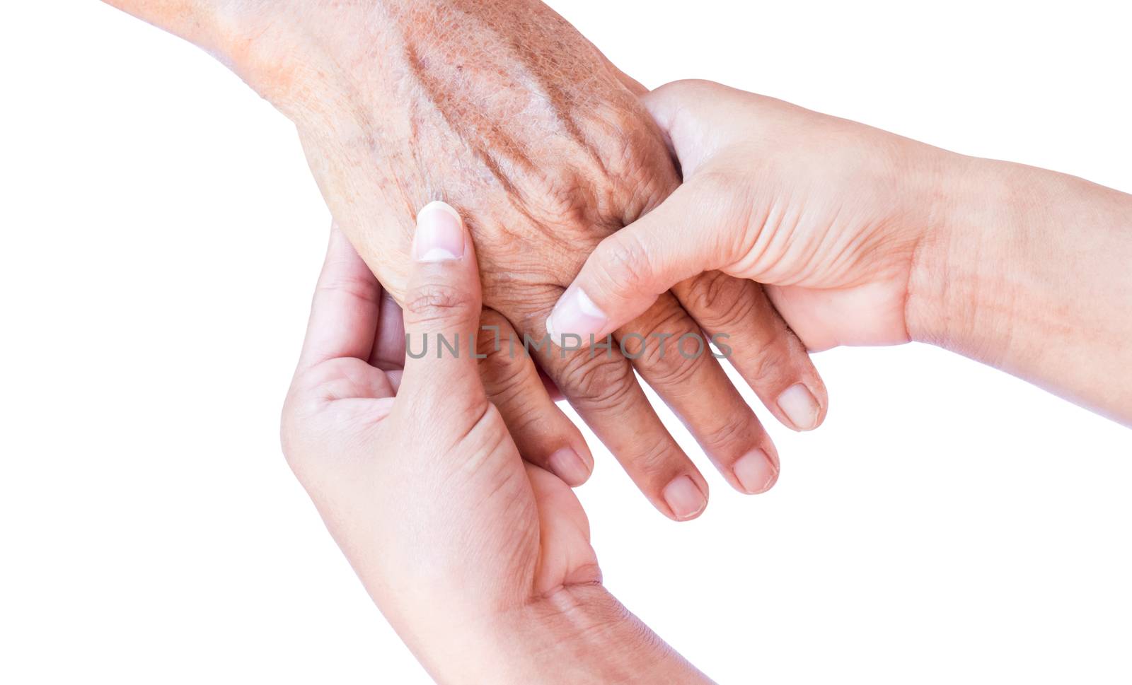 Young woman hands holding old woman hands on white background, f by pt.pongsak@gmail.com