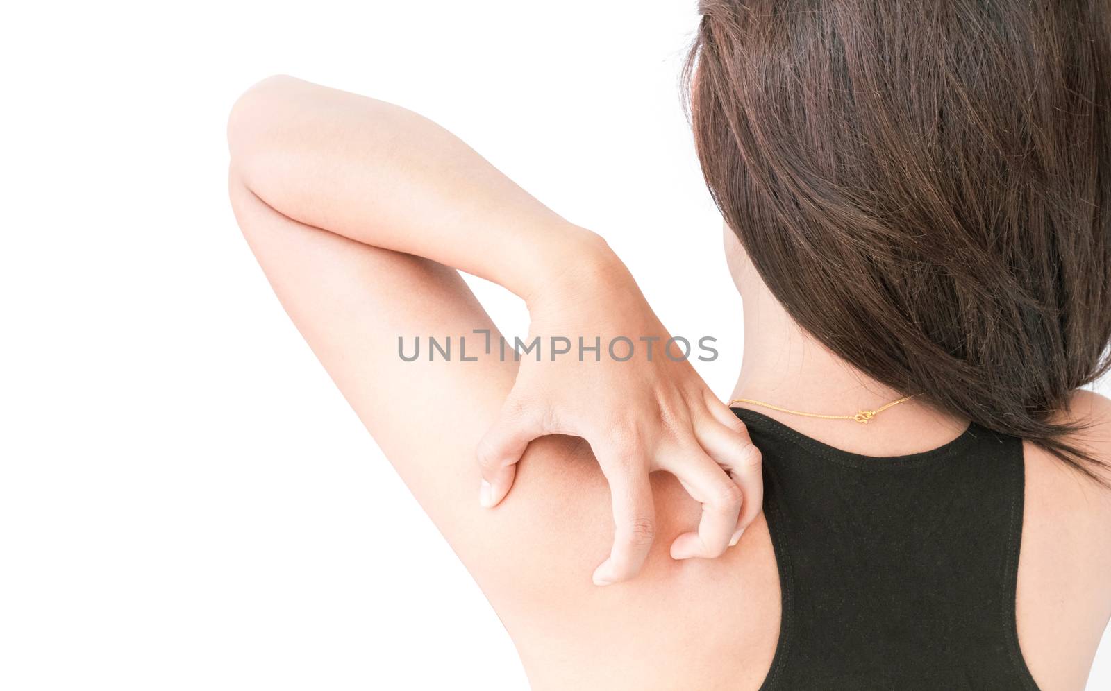 Woman Itching on shoulder with white background for healthy conc by pt.pongsak@gmail.com