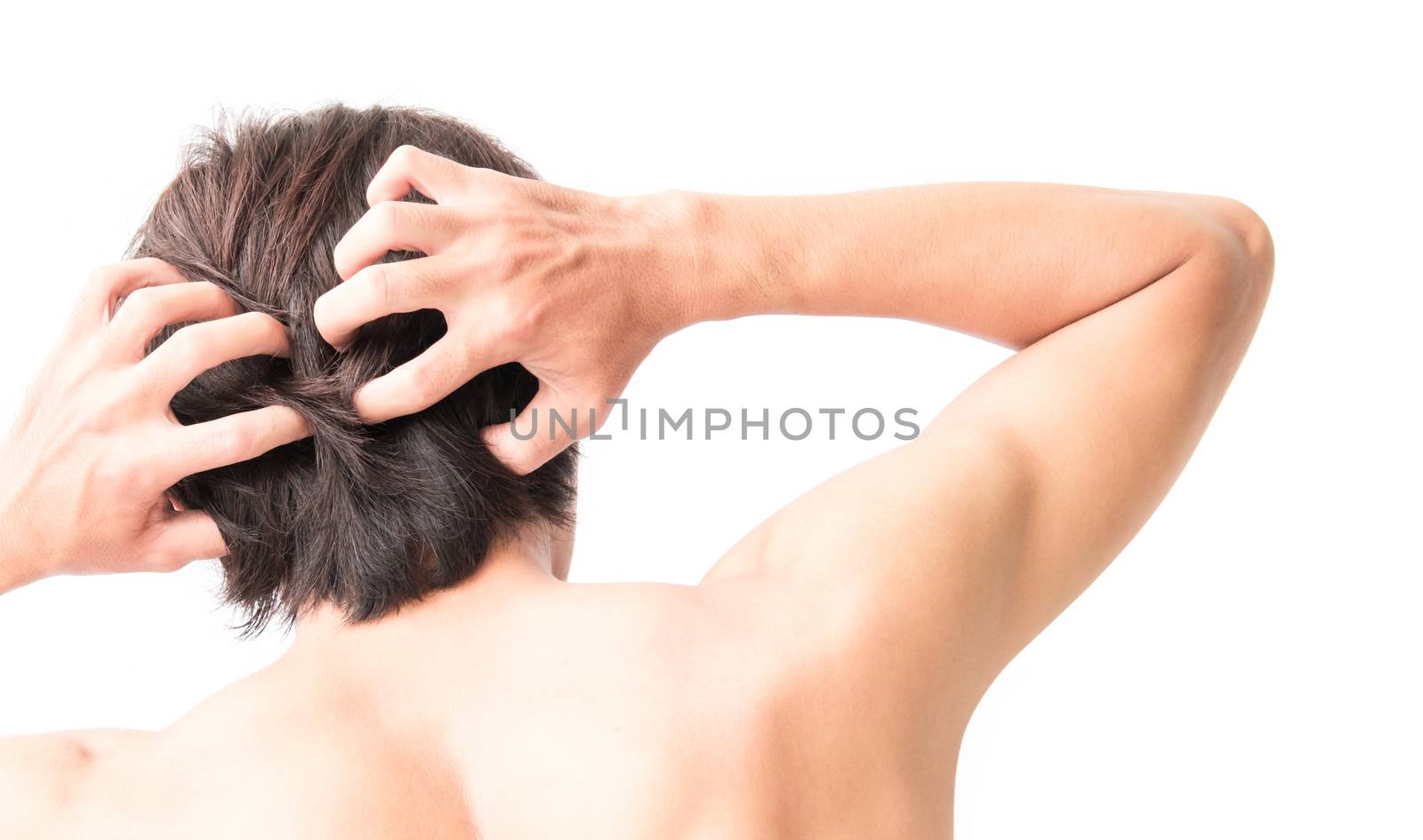 Closeup man hand itchy scalp, Hair care concept