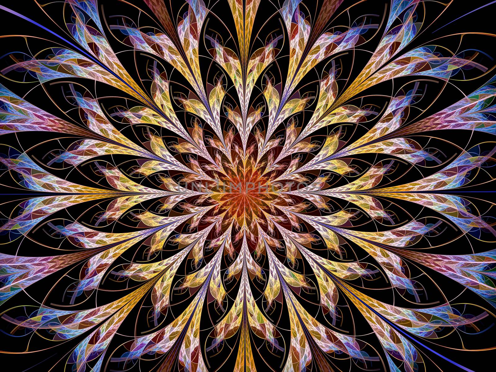 Unusual flower petals - abstract computer-generated image. Fractal art: ornament like stained glass. For banners, posters, fantasy or mystery concept backgrounds.