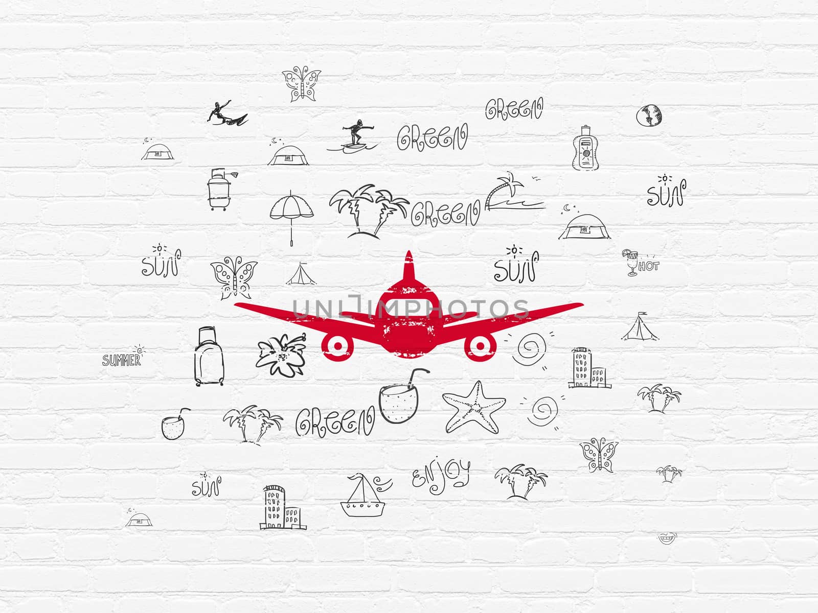 Tourism concept: Aircraft on wall background by maxkabakov