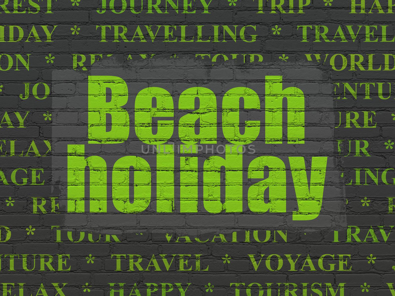 Tourism concept: Painted green text Beach Holiday on Black Brick wall background with  Tag Cloud