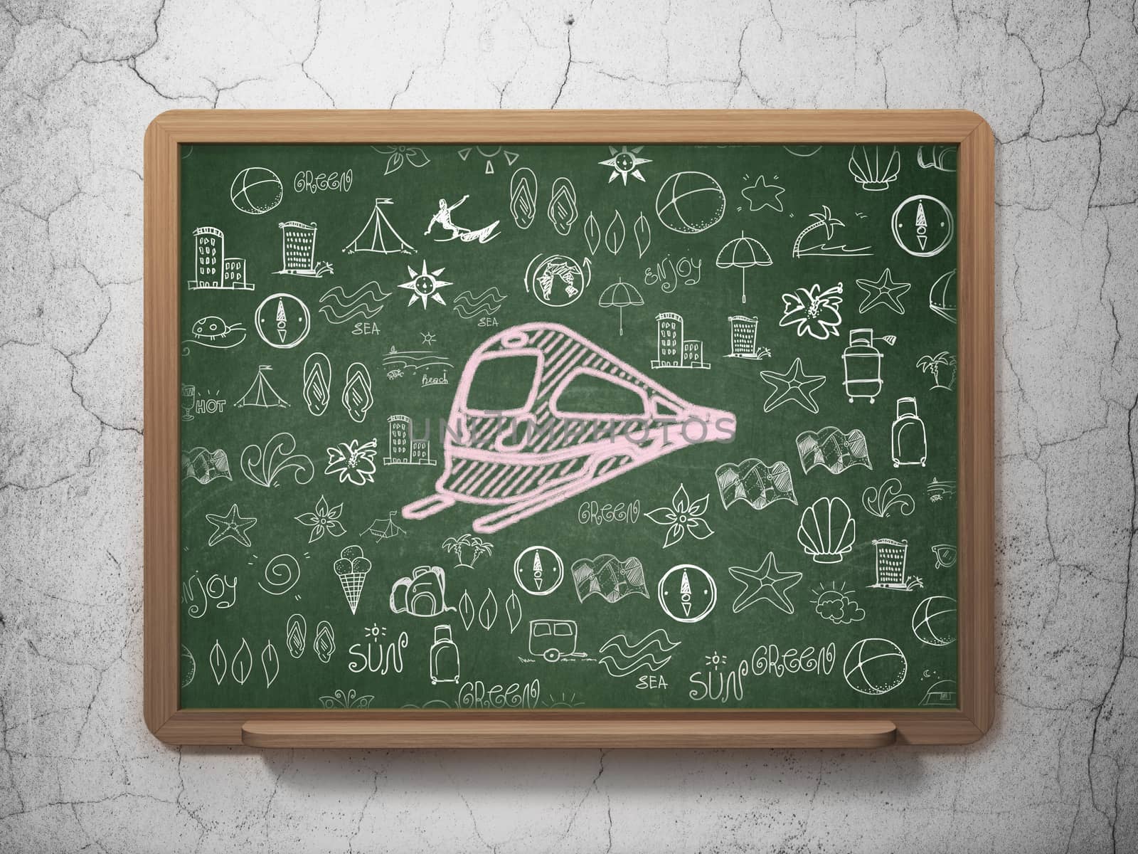 Tourism concept: Chalk Pink Train icon on School board background with  Hand Drawn Vacation Icons, 3D Rendering