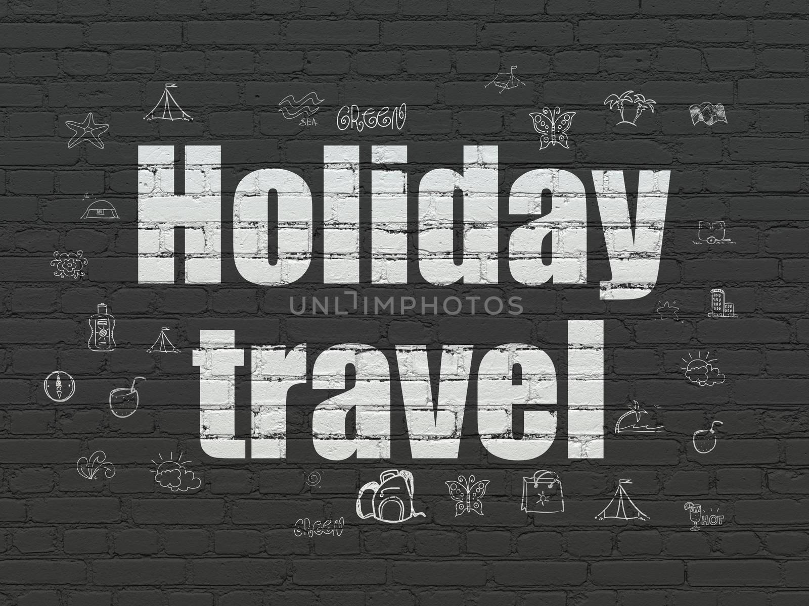 Tourism concept: Painted white text Holiday Travel on Black Brick wall background with  Hand Drawn Vacation Icons