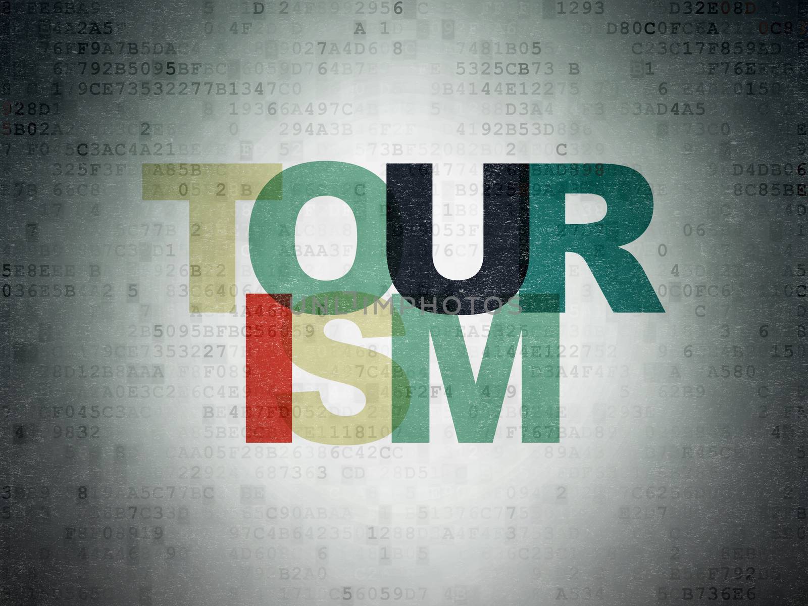 Vacation concept: Painted multicolor text Tourism on Digital Data Paper background