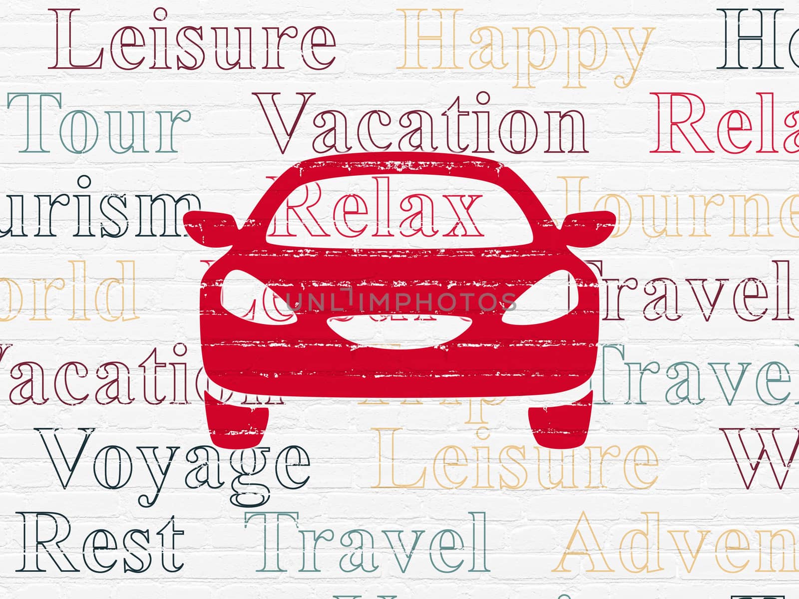 Travel concept: Painted red Car icon on White Brick wall background with  Tag Cloud