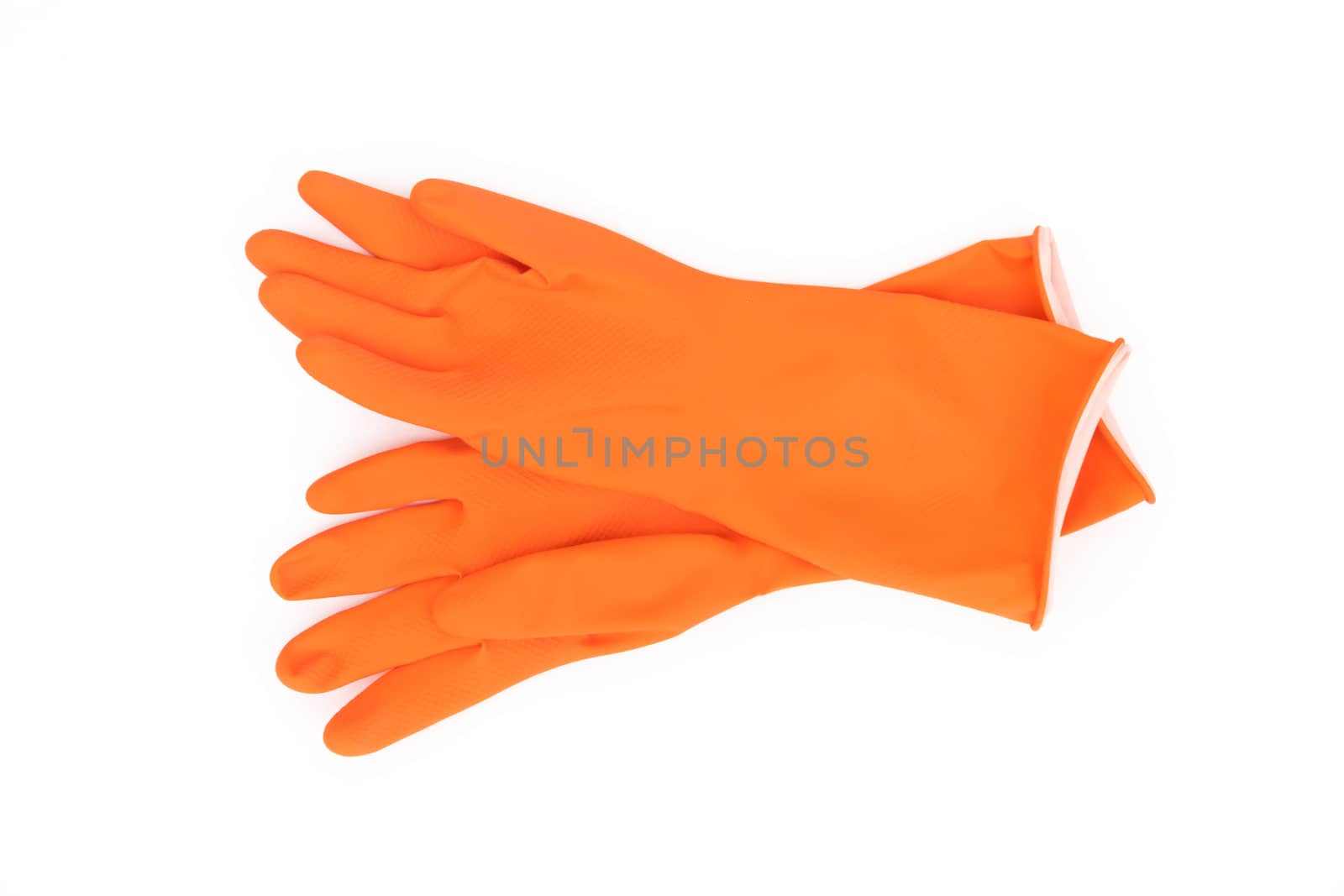 Orange color rubber gloves  for cleaning on white background, workhouse concept