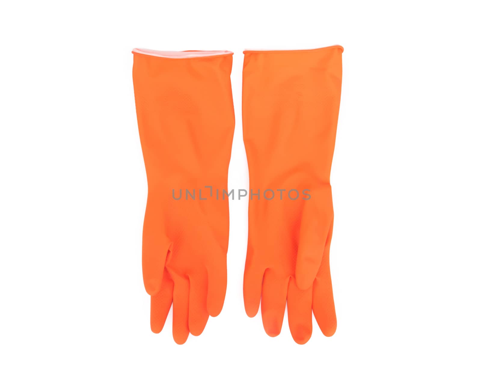 Orange color rubber gloves  for cleaning on white background, ho by pt.pongsak@gmail.com