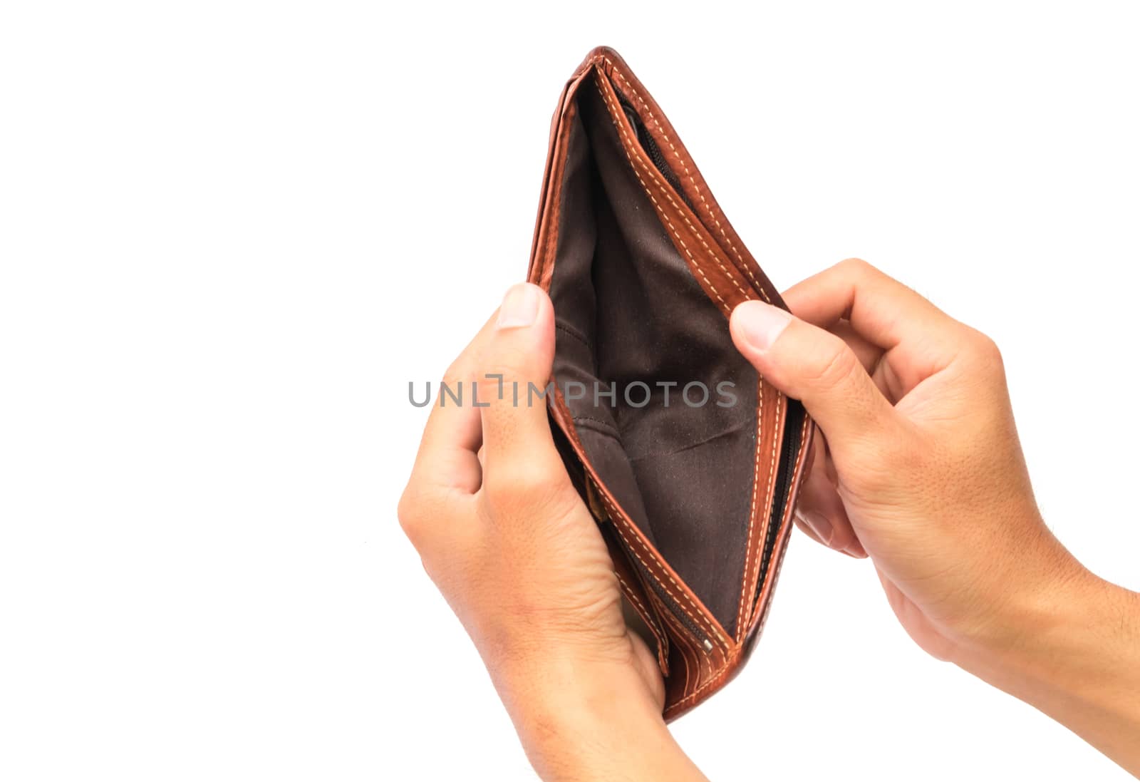 Man hand open an empty wallet on white background