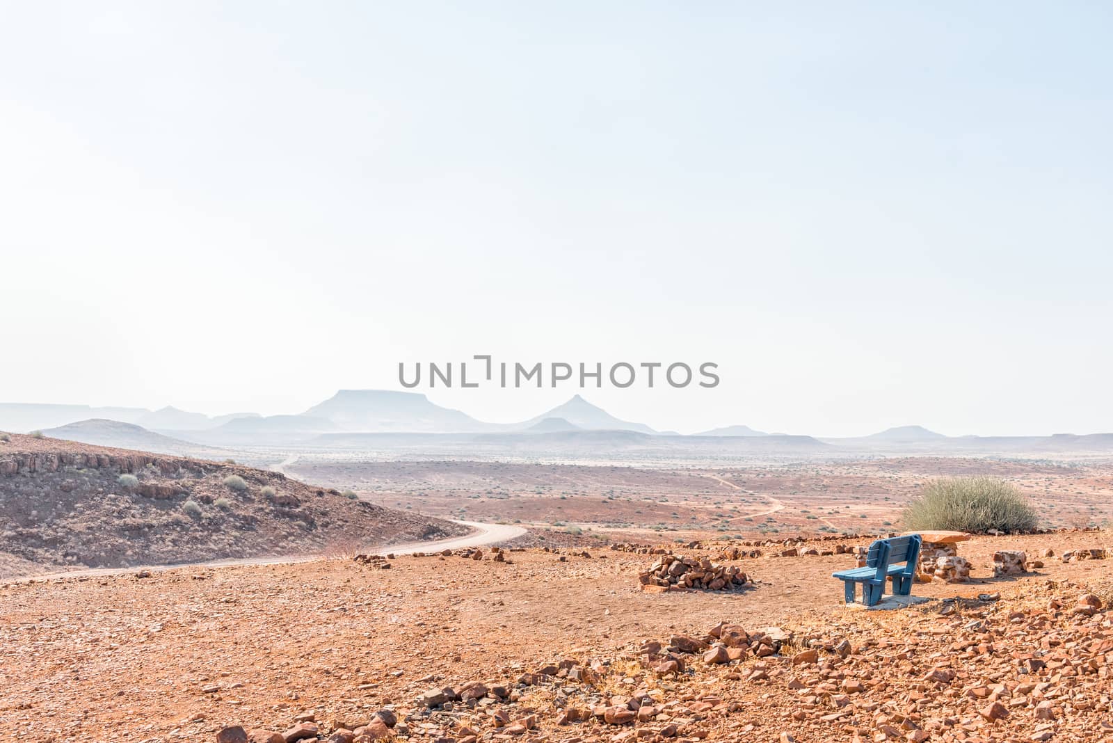 View to the East from the picnic spot with blue bench at the top of Dopsteekhoogte Pass on the C39-road to Torra Bay, in the Kunene Region of Namibia