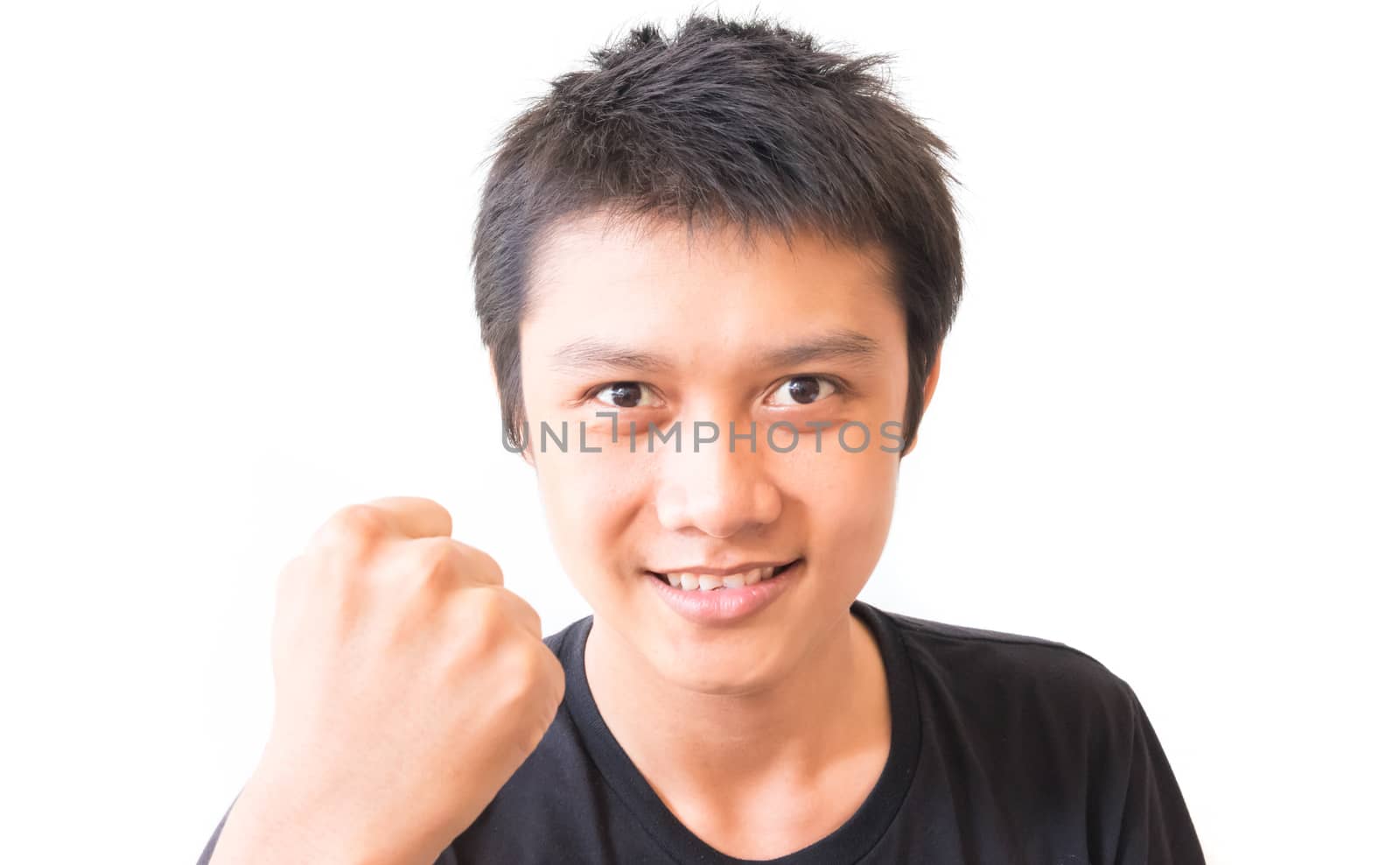 Asian young man showing hand for successful and happy feeling