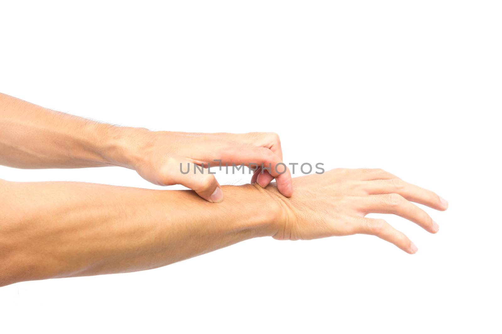 Man hand scratching hand on white background for healthy concept