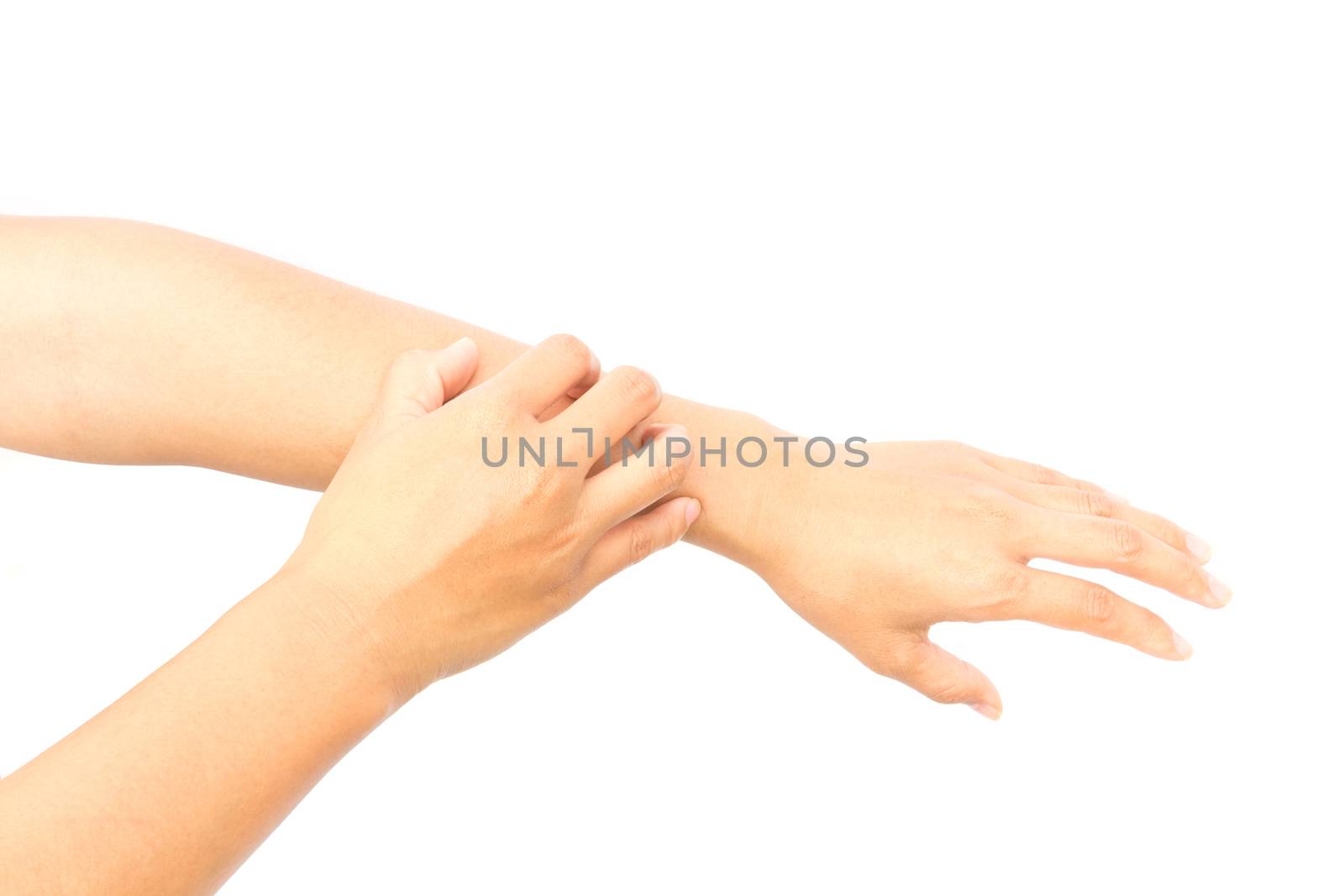 Woman hand scratching on white background for healthy concept