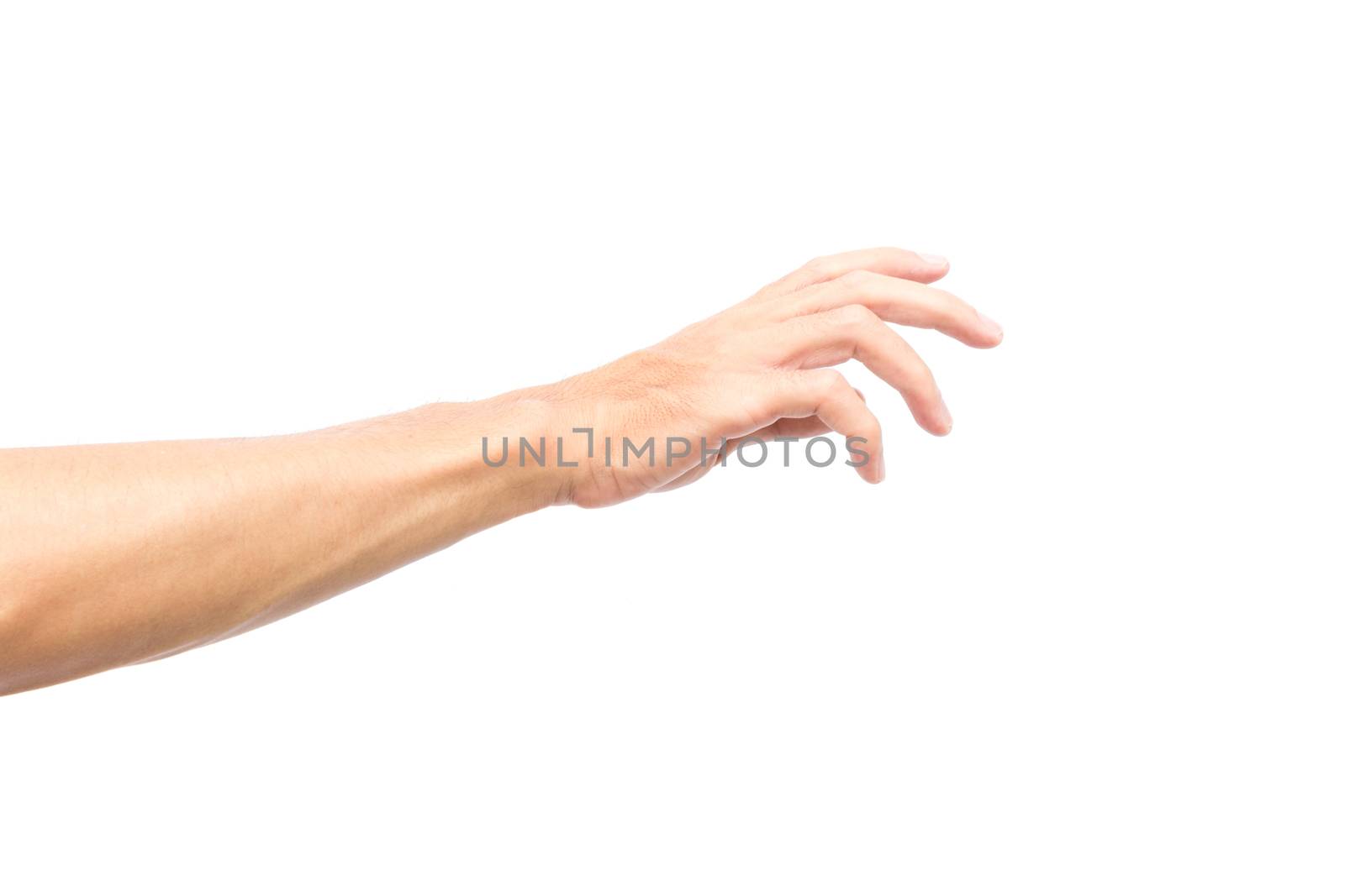 Man arm with blood veins praying on white background