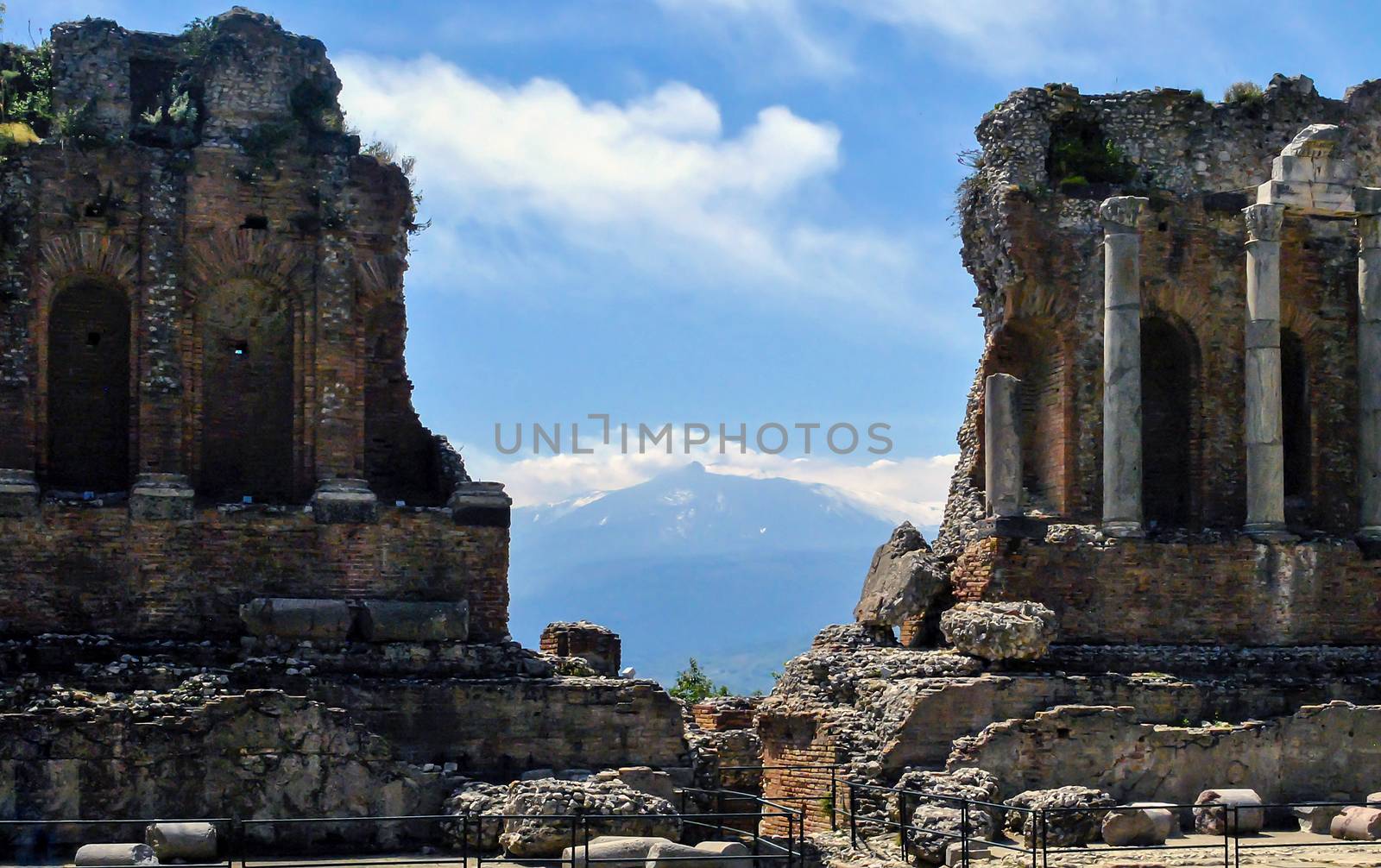 stage detail of the ancient theatre of Taormina with Etna mountain in background. Shot in Sicily, Italy