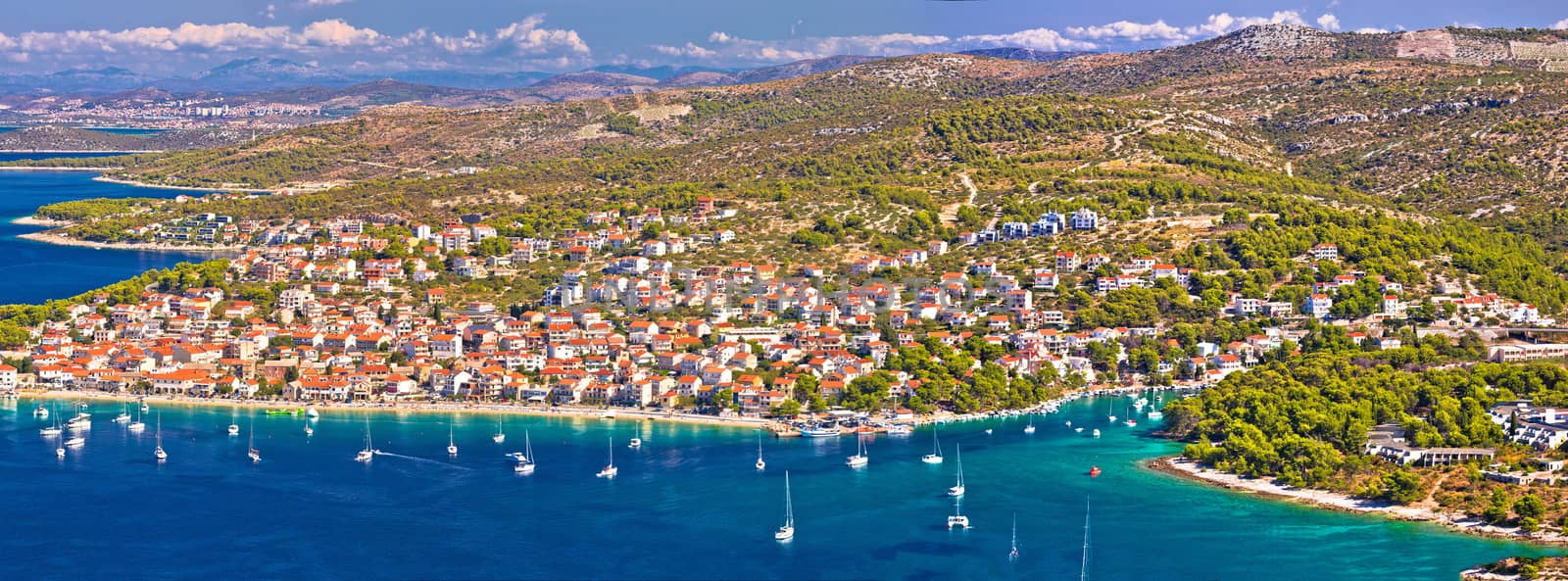 Adriatic tourist destination of Primosten aerial panoramic archipelago view, with cruiser ship, Dalmatia, Croatia