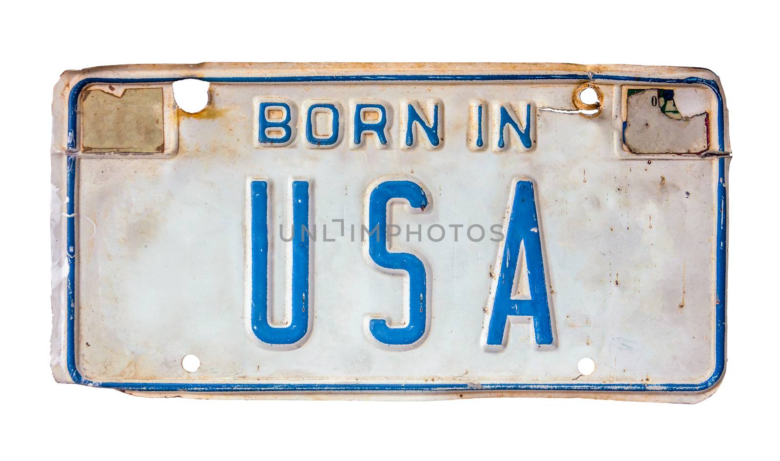 Isolated Grungy Patriotic License Plate With Born In USA