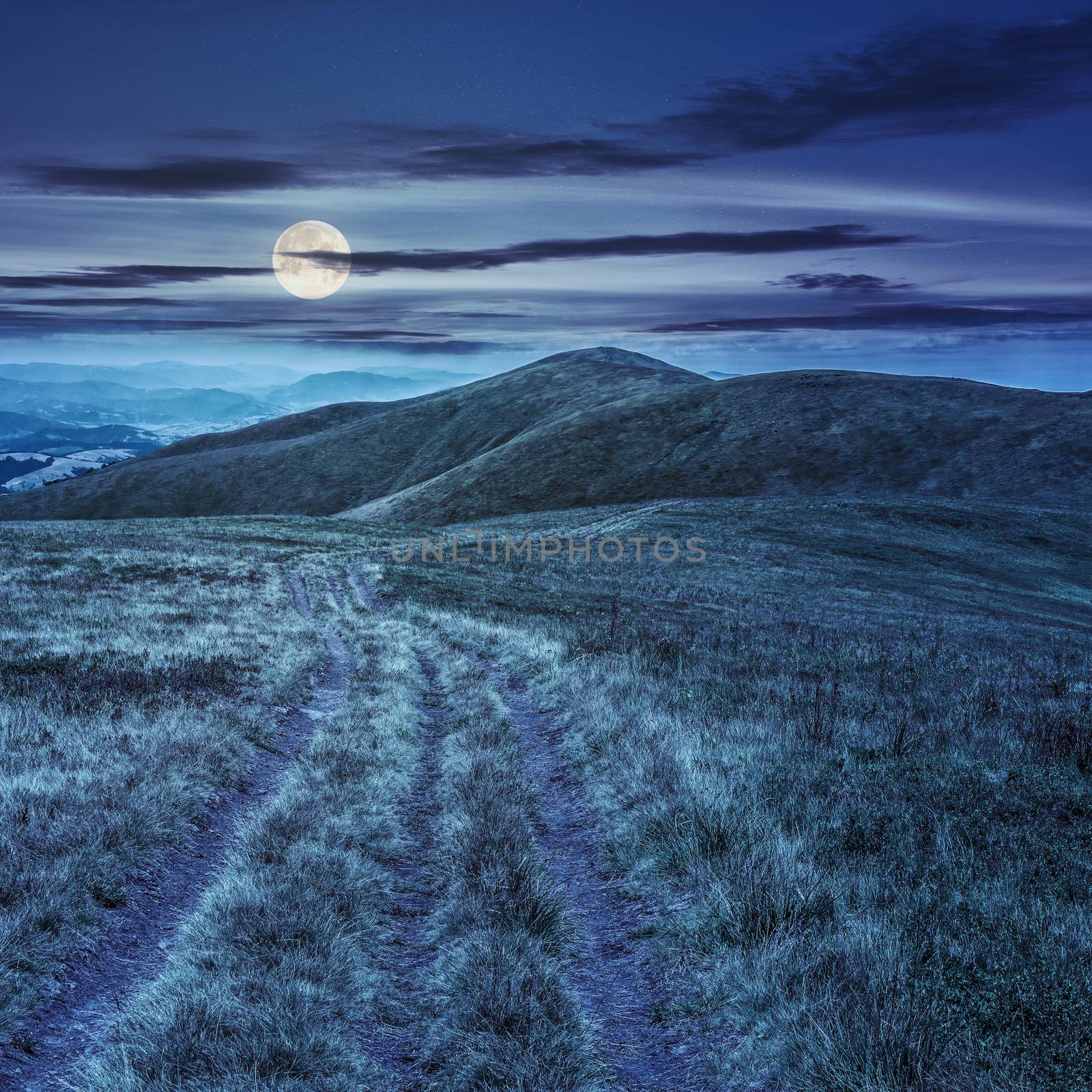 mountain landscape. curve path through the meadow on hillside at night in full moon light